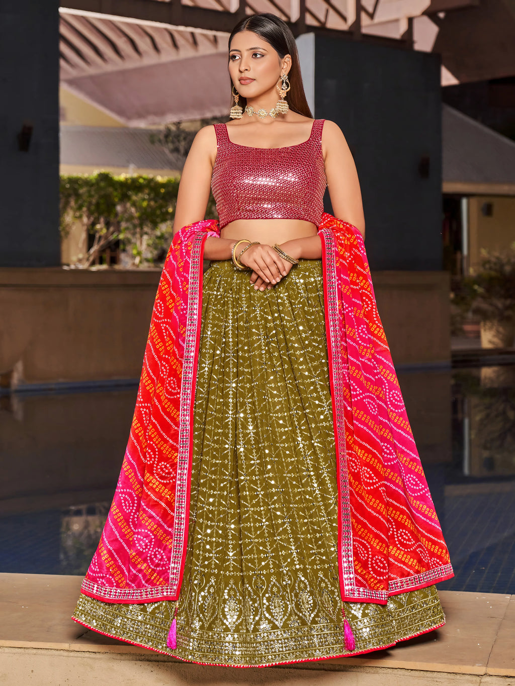 Navya olive green embroidered lehenga choli with Bandhani dupatta