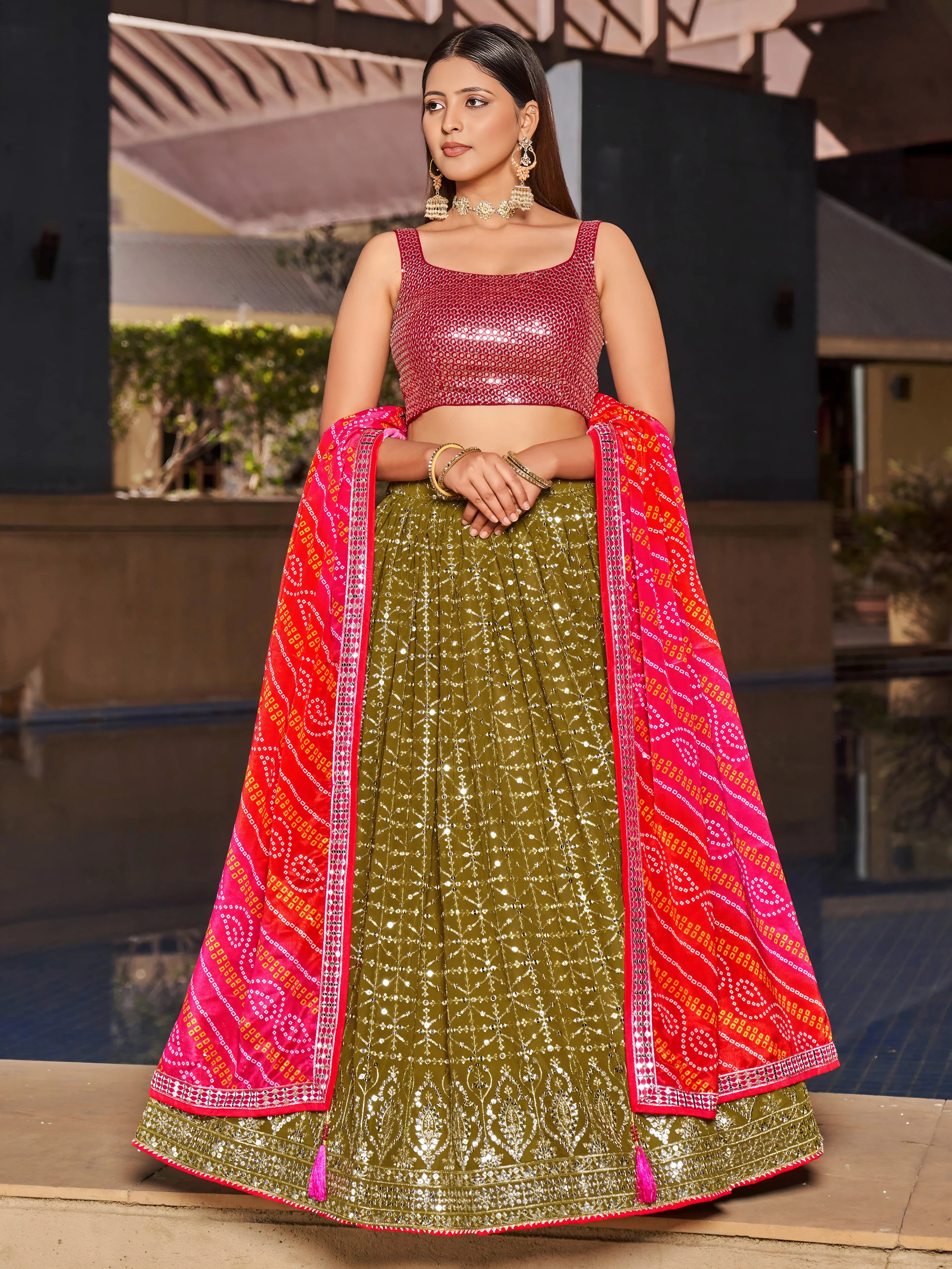 Navya olive green embroidered lehenga choli with Bandhani dupatta