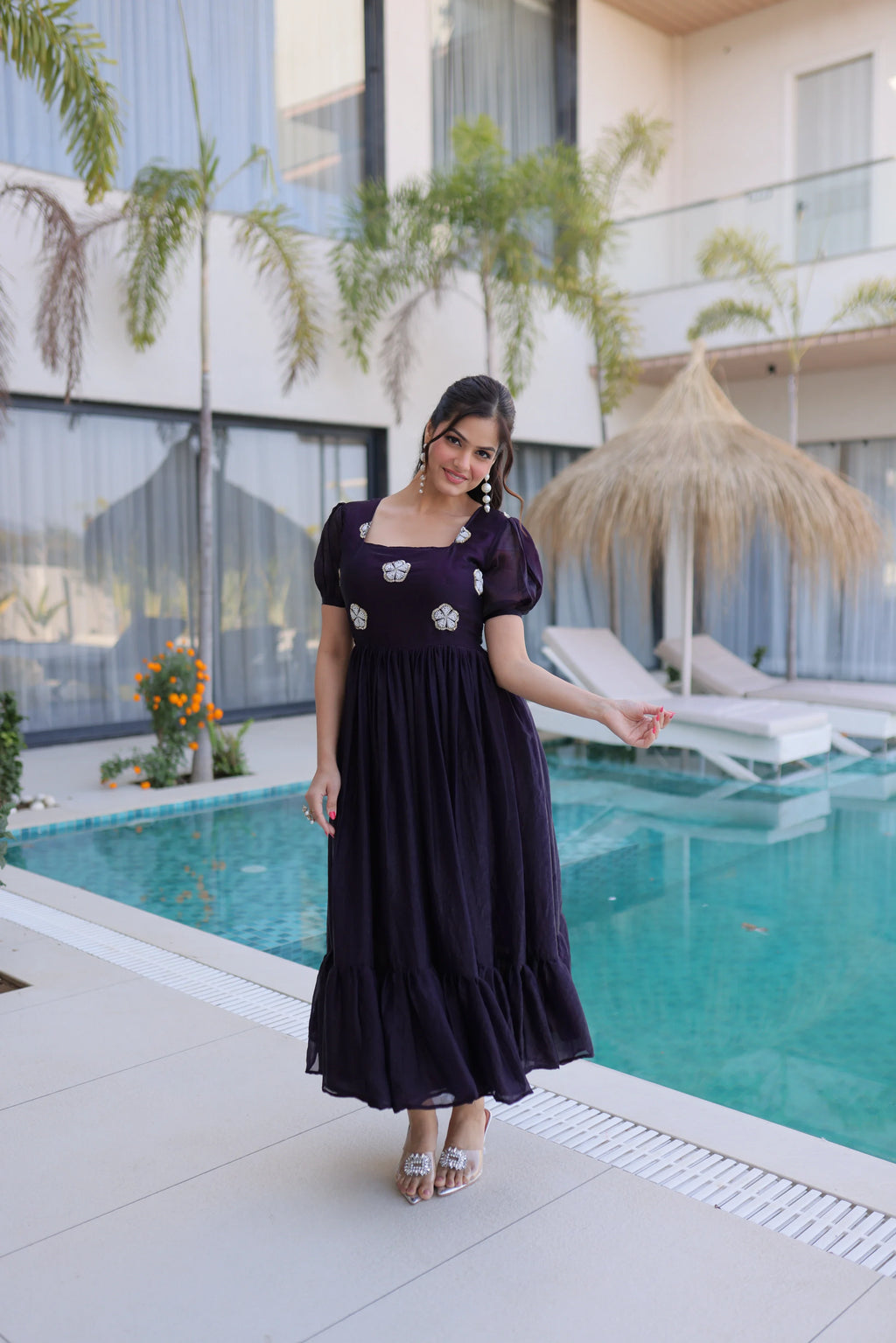 Sruvika purple Fendi silk gown with beads embroidered work