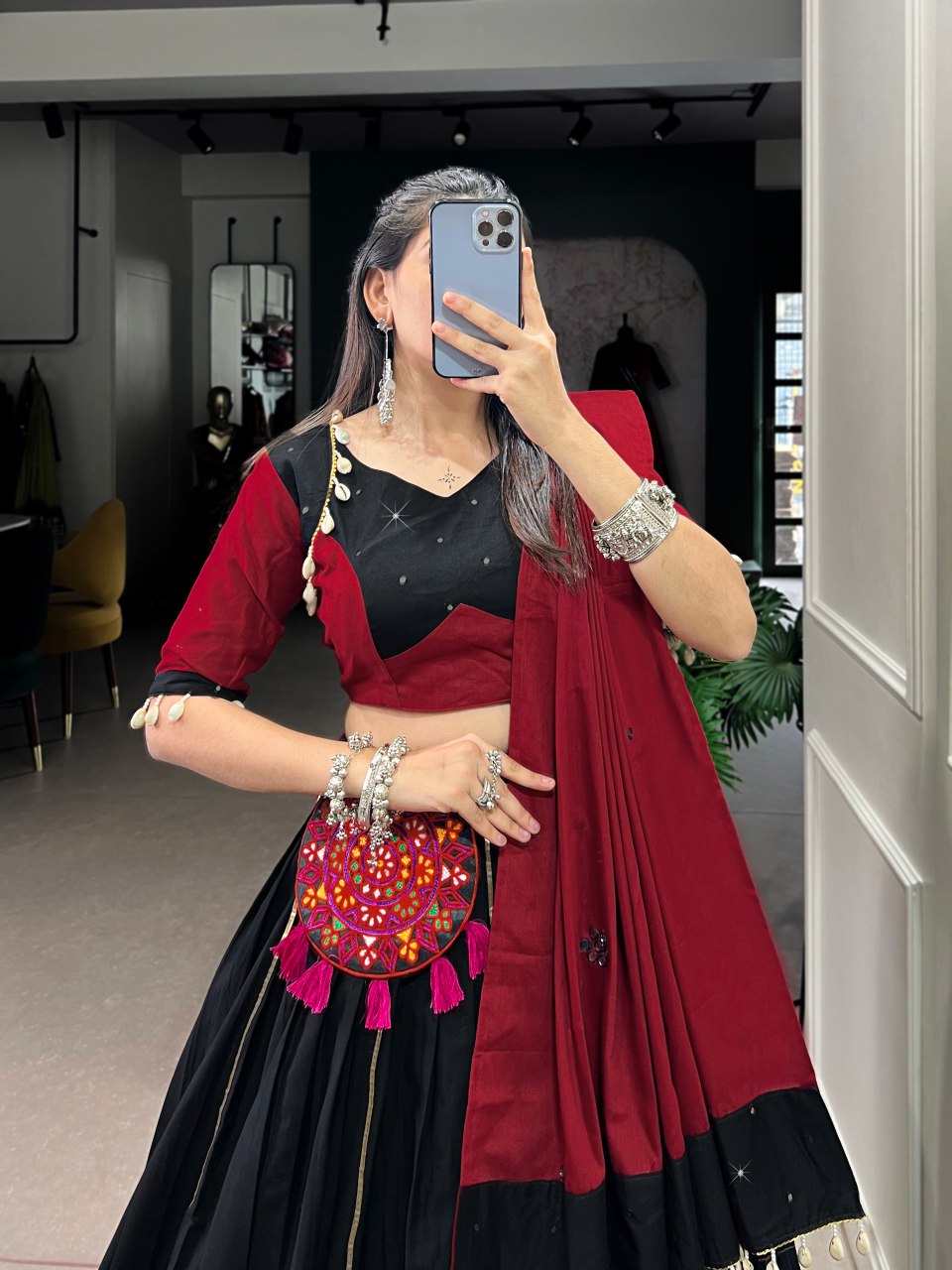 Black pure cotton Gamthi patch work lehenga choli with mirror work dupatta and purse