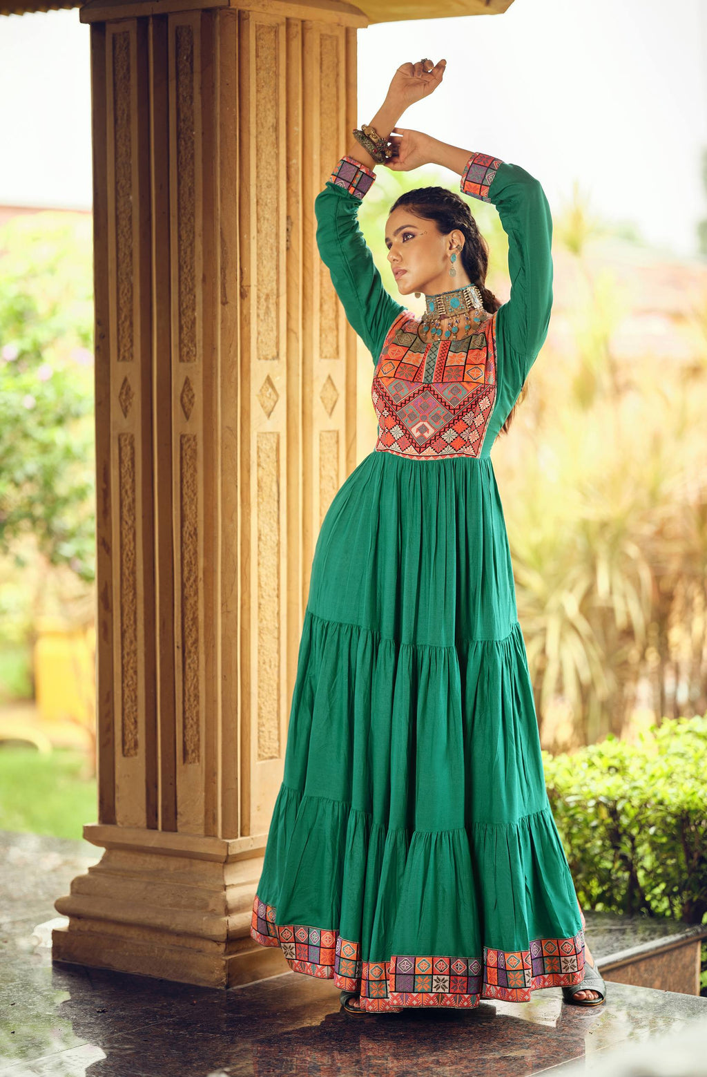 Emerald green pure rayon Gamthi jacquard weaving lace border ruffle flair gown
