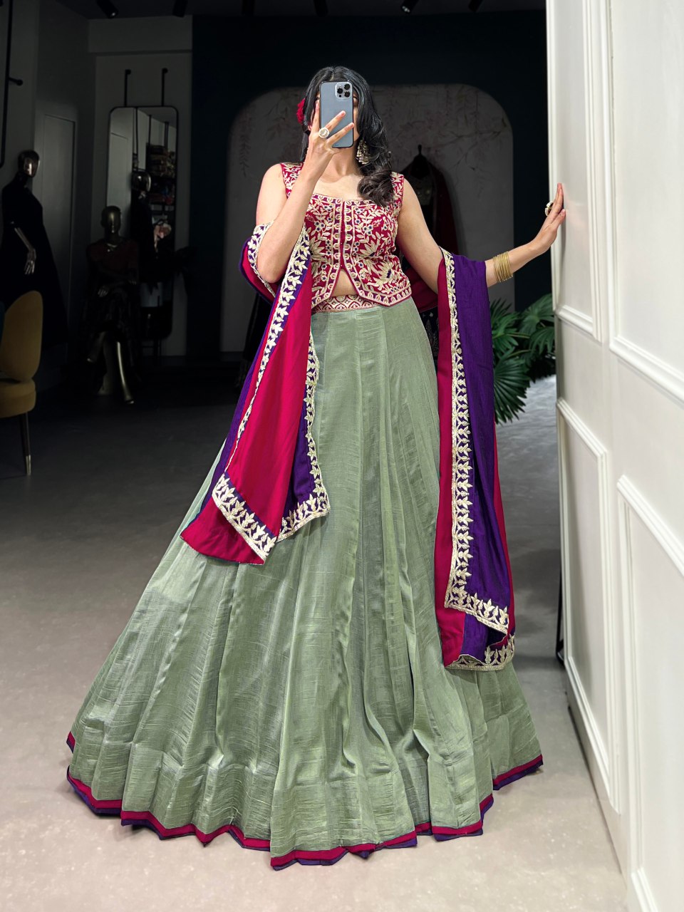 Vijyeshwari green silk sequins embroidered lehenga choli