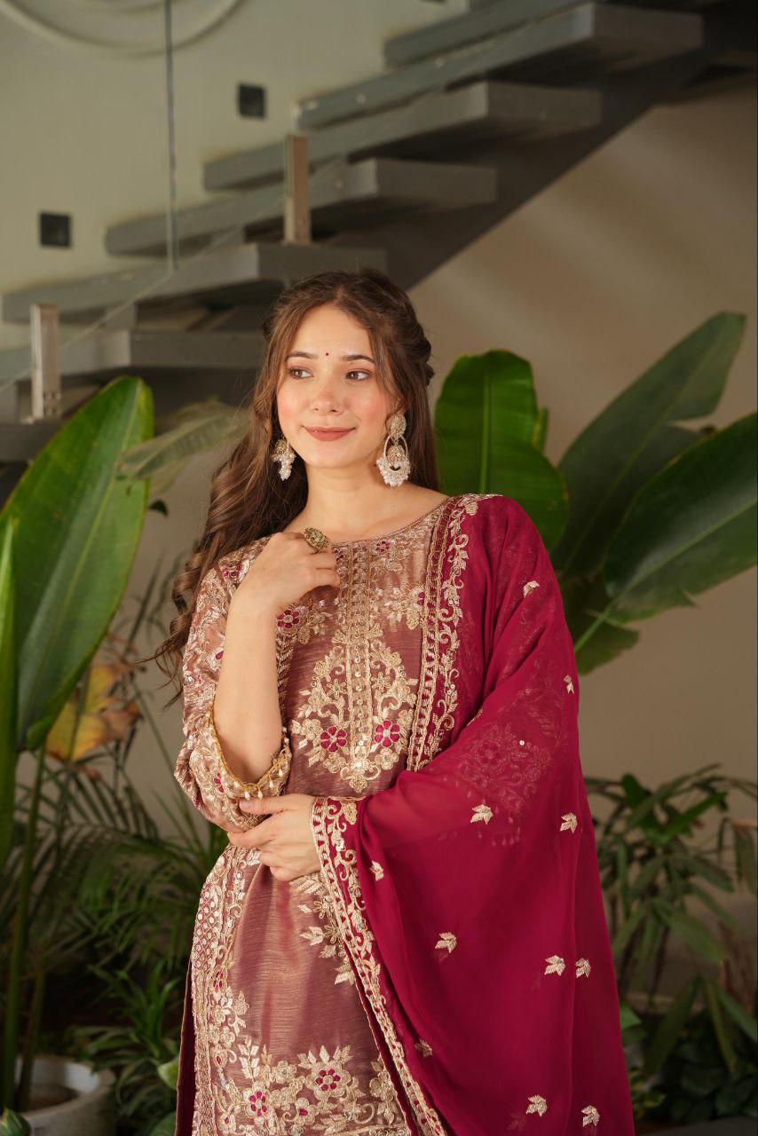 Maroon crazy silk embroidered kurti palazzo set with dupatta