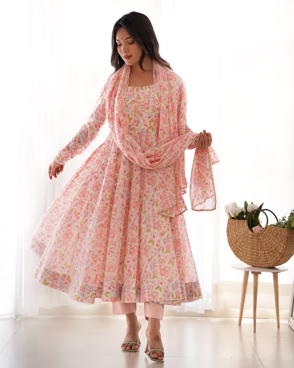Pink orange chiffon floral Anarkali suit for wedding functions