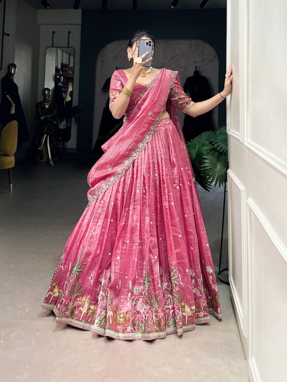 Pink gold crush sequins thread embroidery work lehenga choli