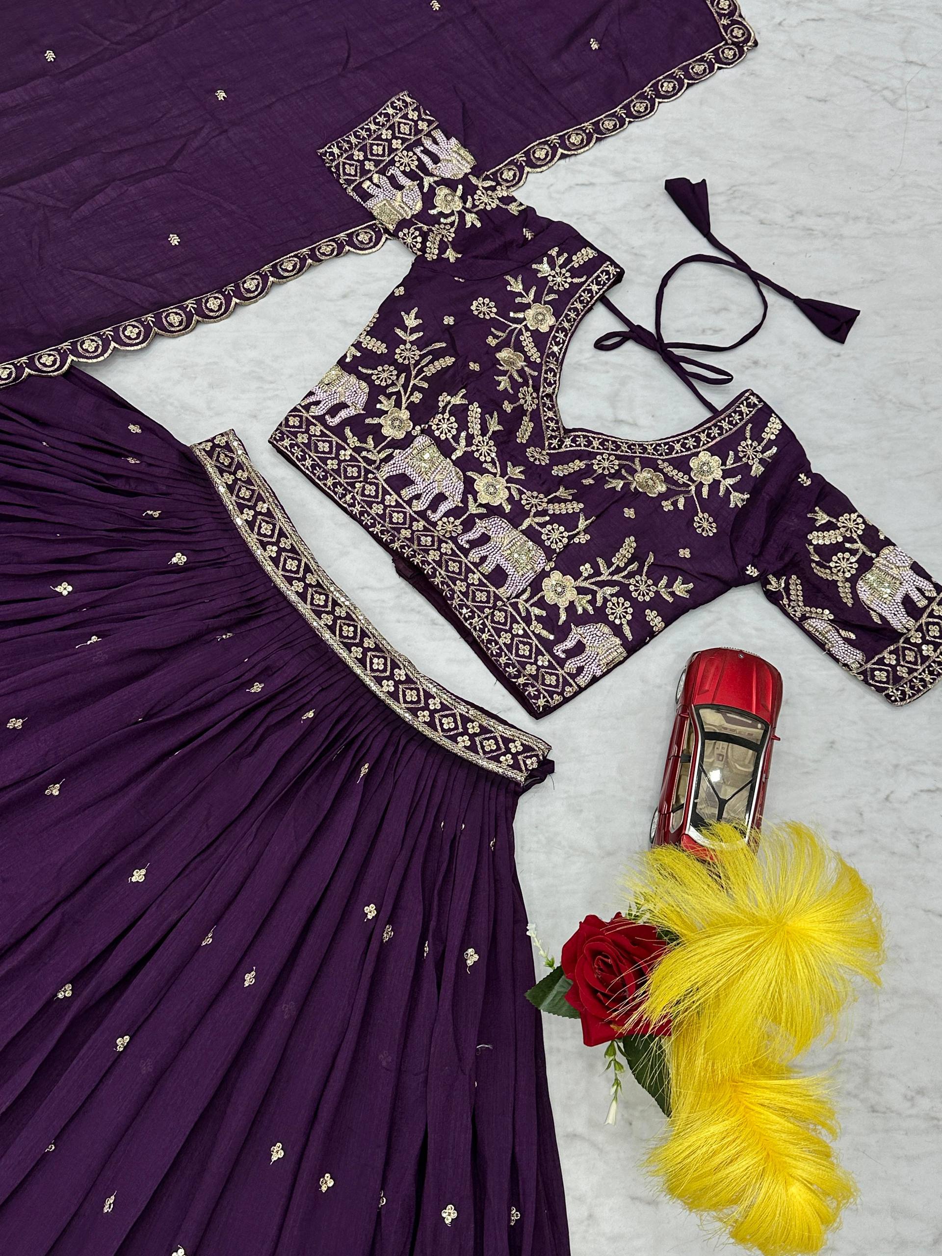 Gopi deep purple Vichitra silk lehenga choli with embroidery sequins thread work