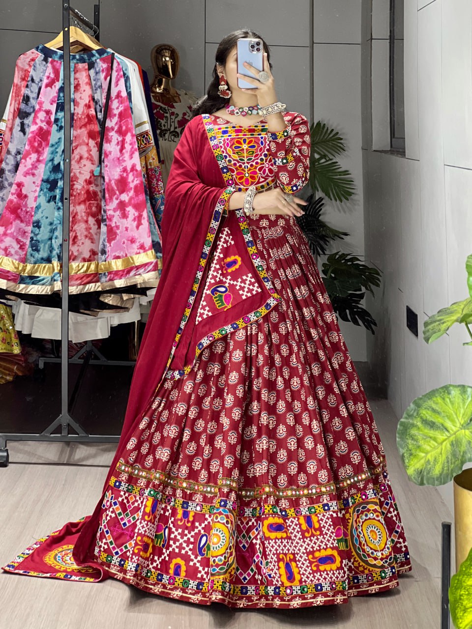 Maroon rayon cotton lehenga choli with Ajrakh print and mirror work