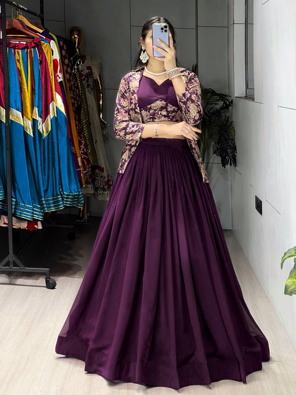 Purple georgette foil print lehenga choli with Chanderi koti