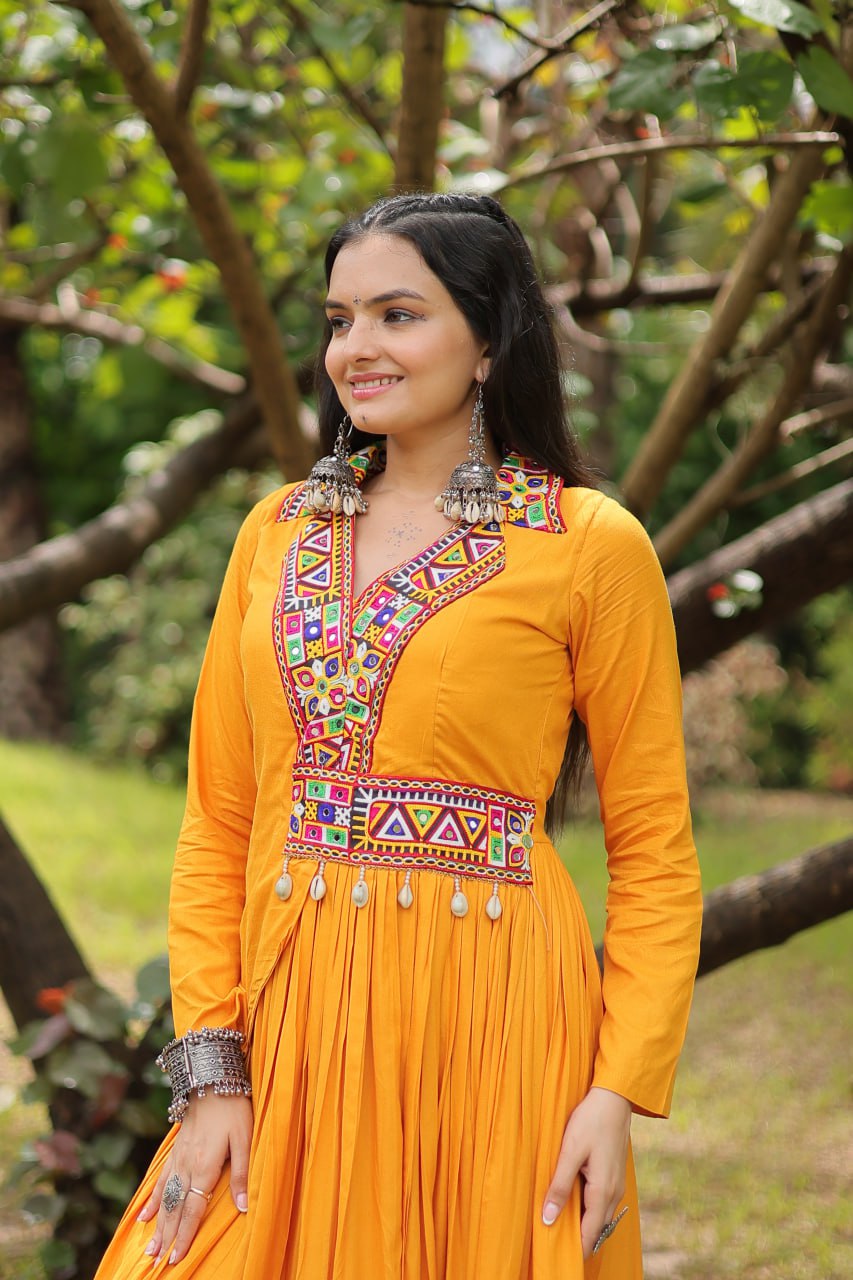 Yellow rayon Kutchi Gamthi embroidered Misty Navratri gown