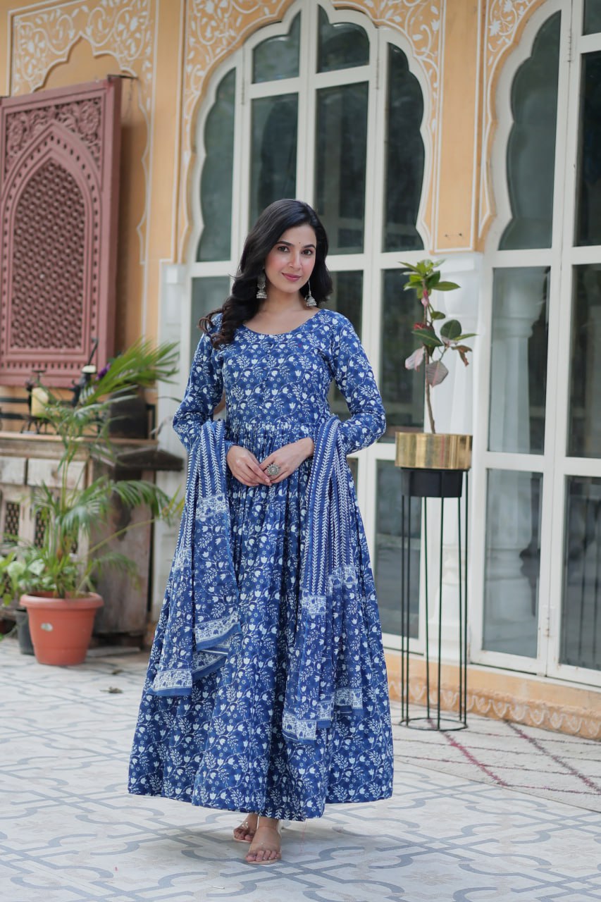 Mahi blue pure cotton anarkali set with dupatta