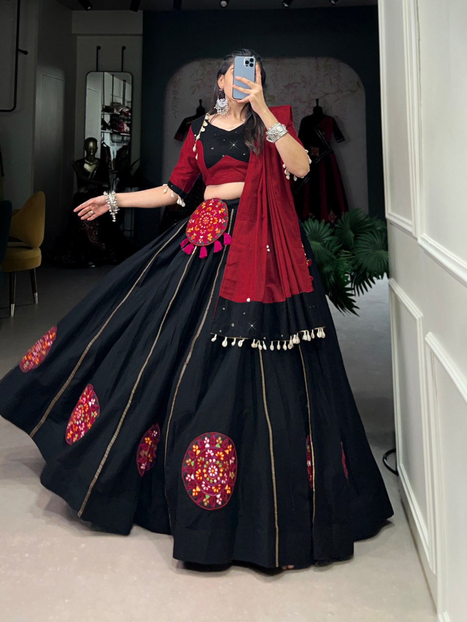 Black pure cotton Gamthi patch work lehenga choli with mirror work dupatta and purse