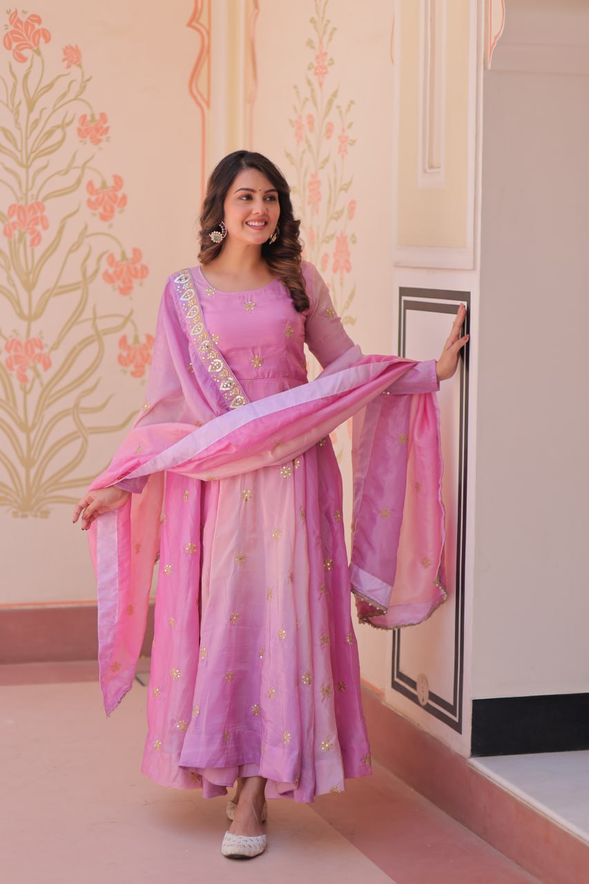 Pink organza flair gown with sequins zari embroidery and dupatta