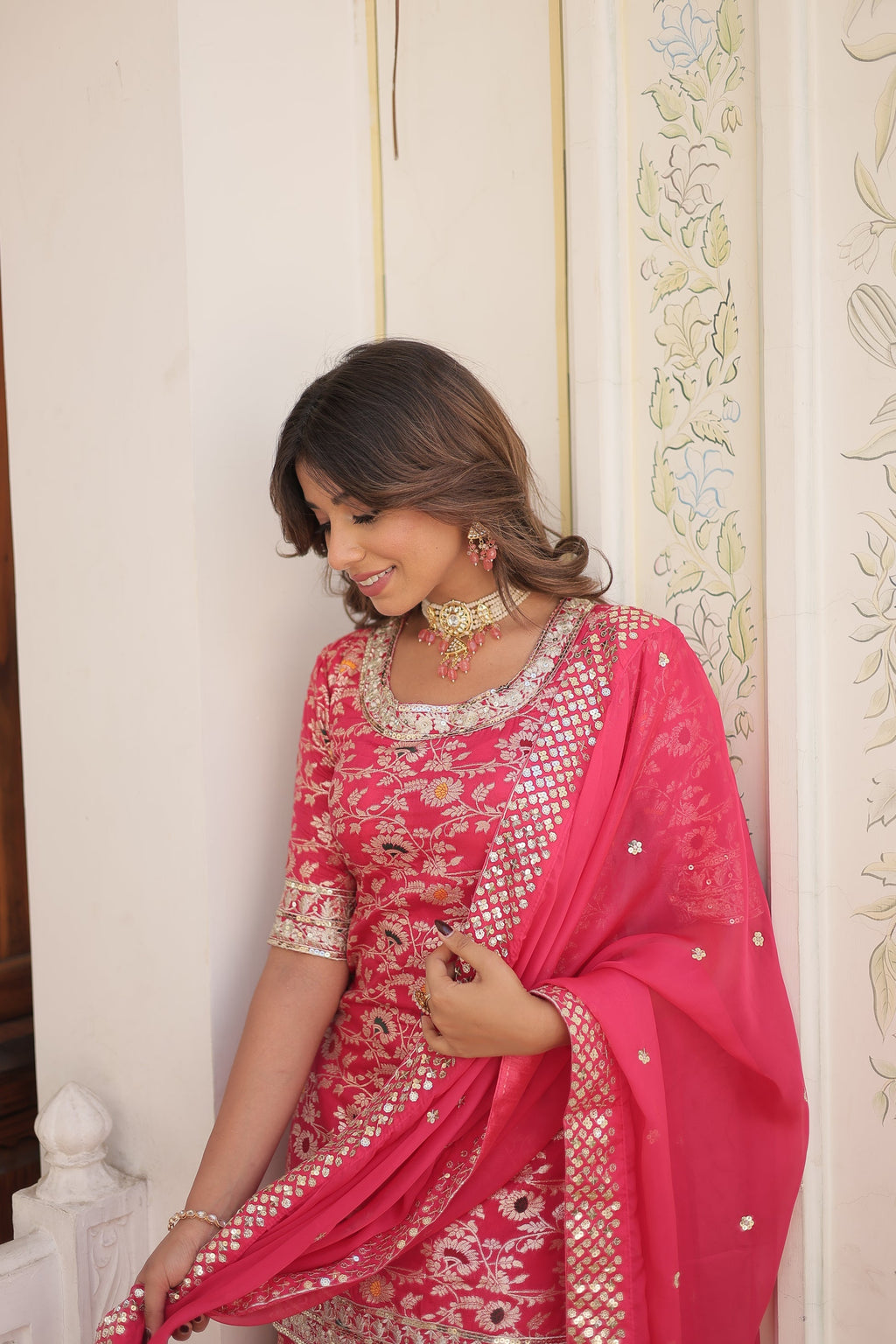 Krishnapriya rani pink viscose embroidered kurti gharara set