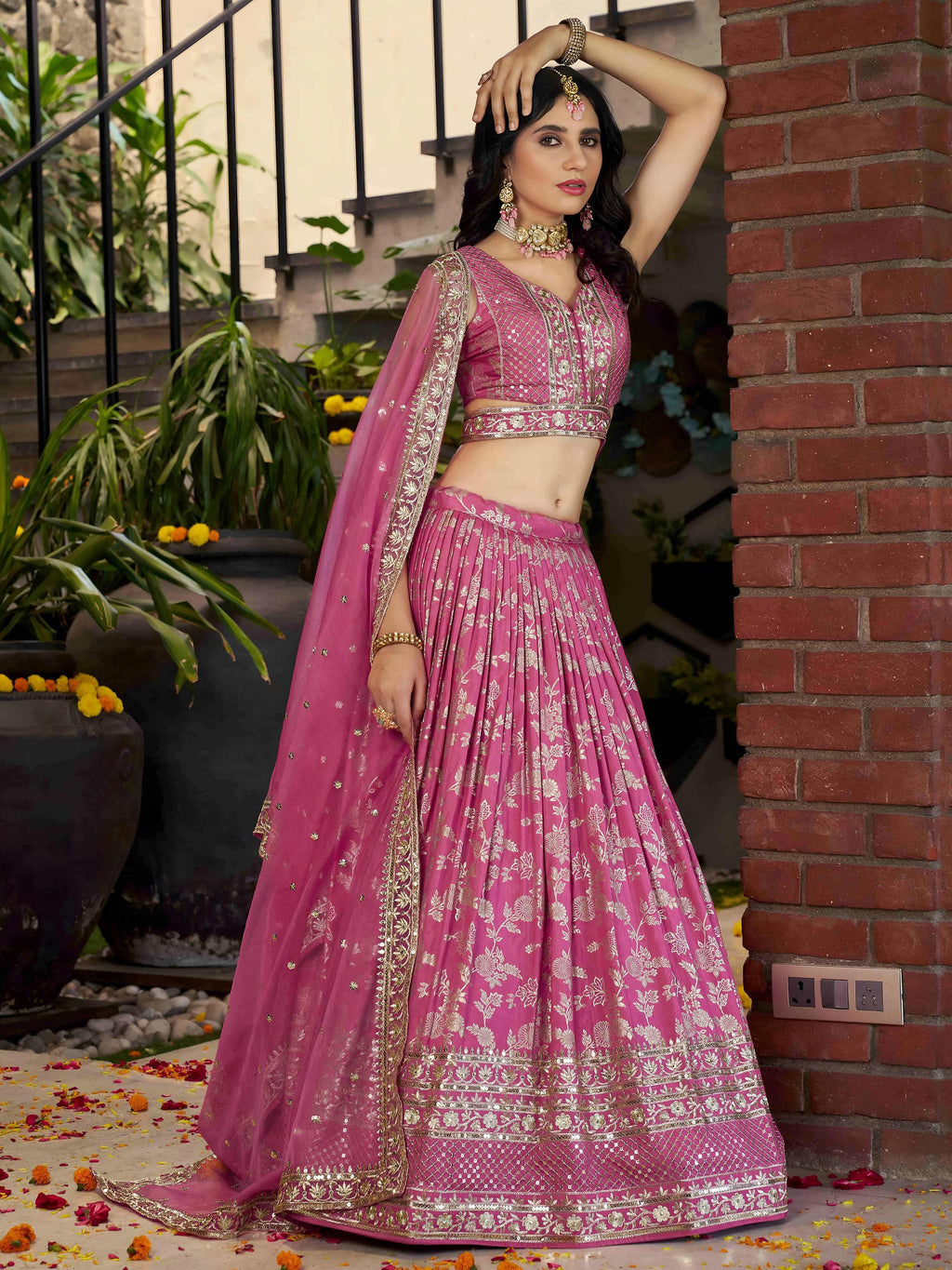 Rose pink Dola silk jacquard embroidered lehenga choli with dupatta