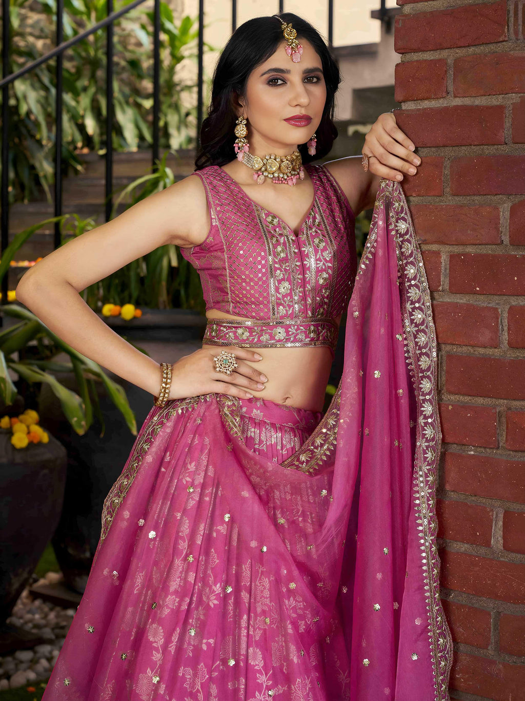 Rose pink Dola silk jacquard embroidered lehenga choli with dupatta