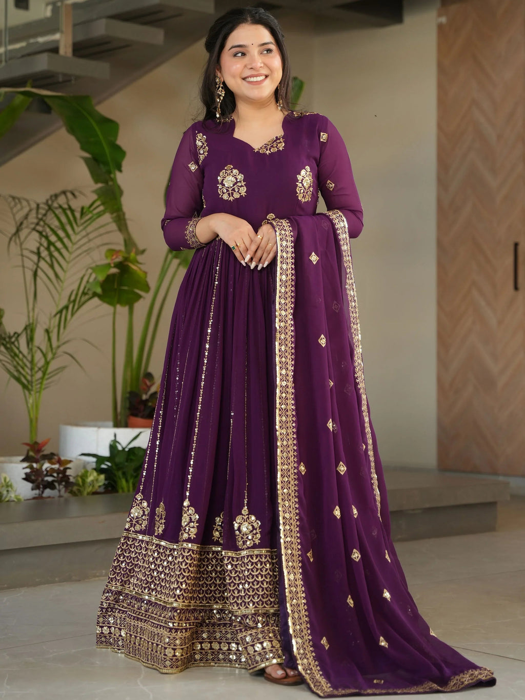 Royal purple georgette gown with zari and sequins embroidery and dupatta