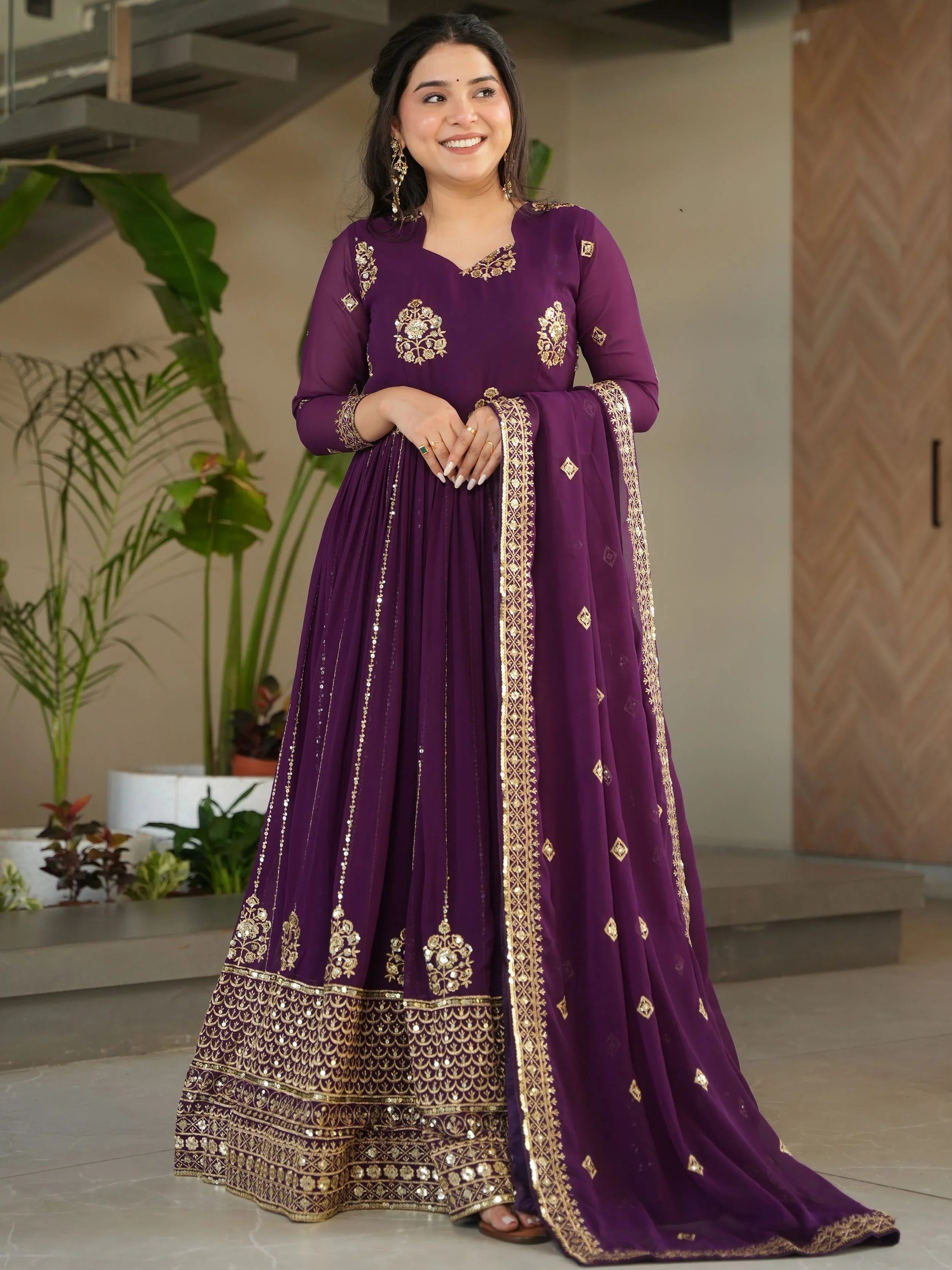 Royal purple georgette gown with zari and sequins embroidery and dupatta