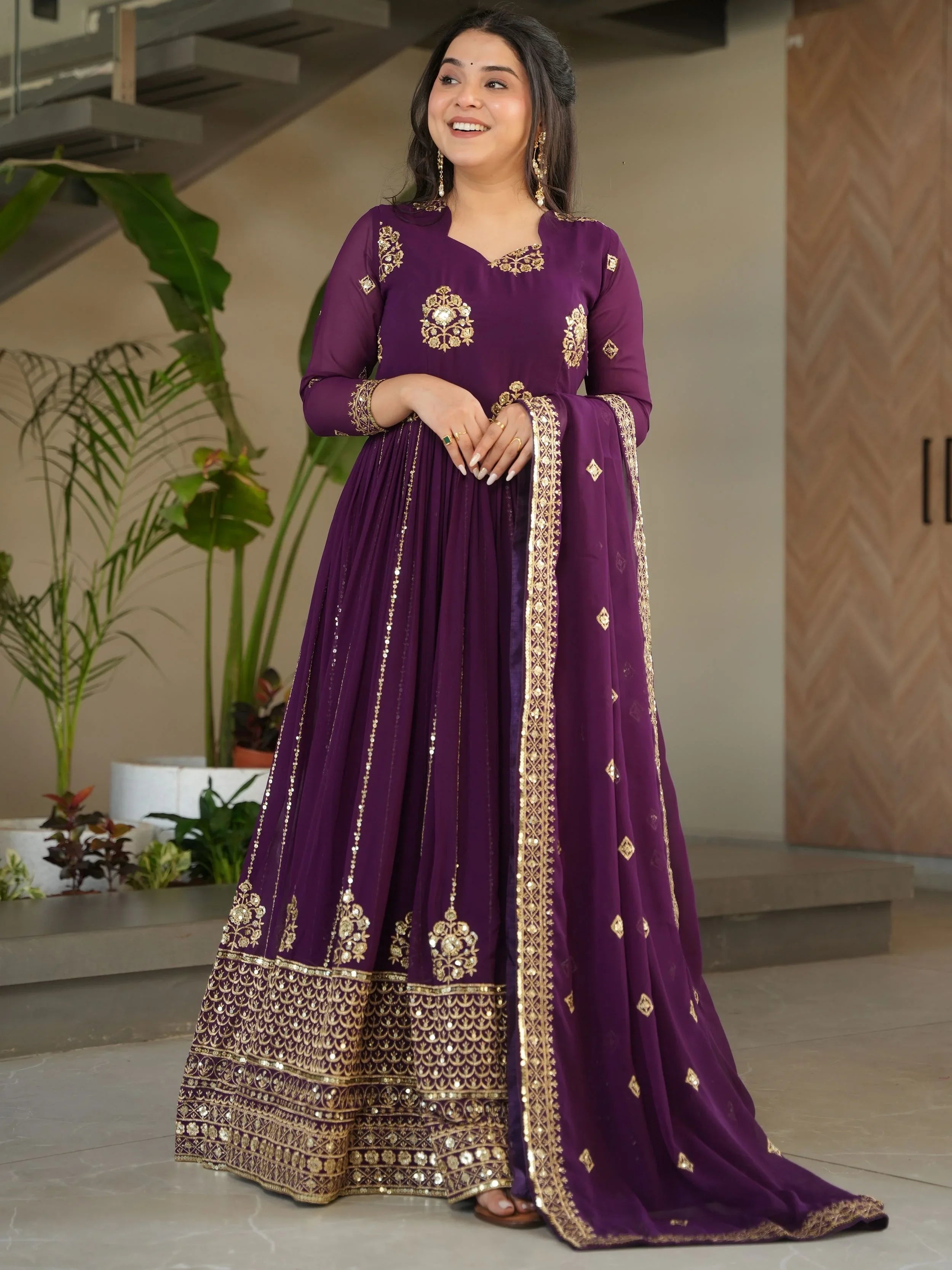 Royal purple georgette gown with zari and sequins embroidery and dupatta