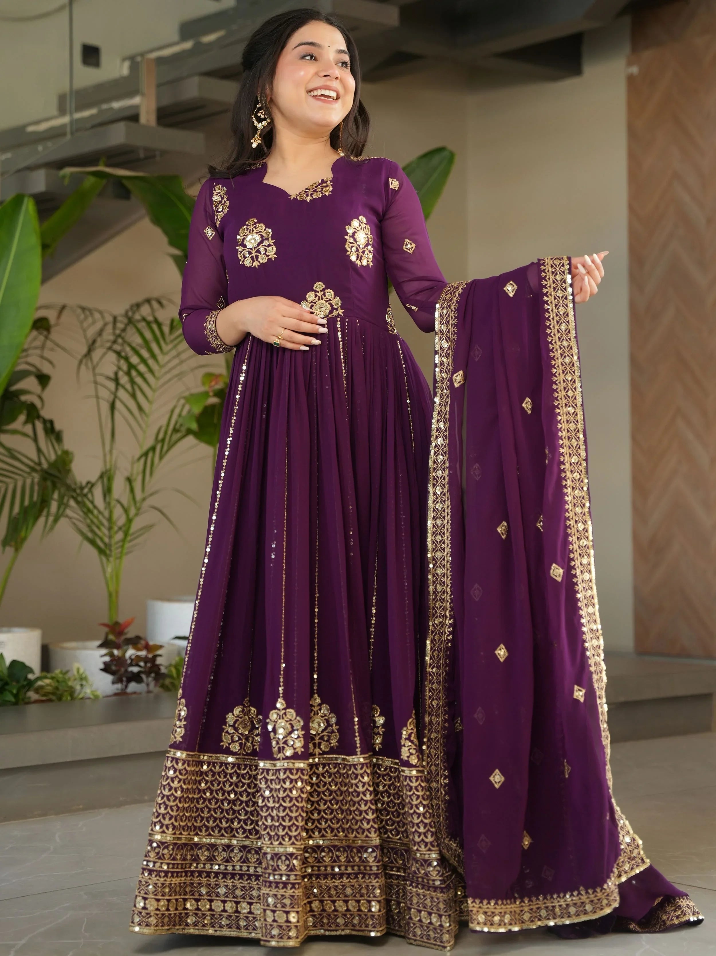 Royal purple georgette gown with zari and sequins embroidery and dupatta