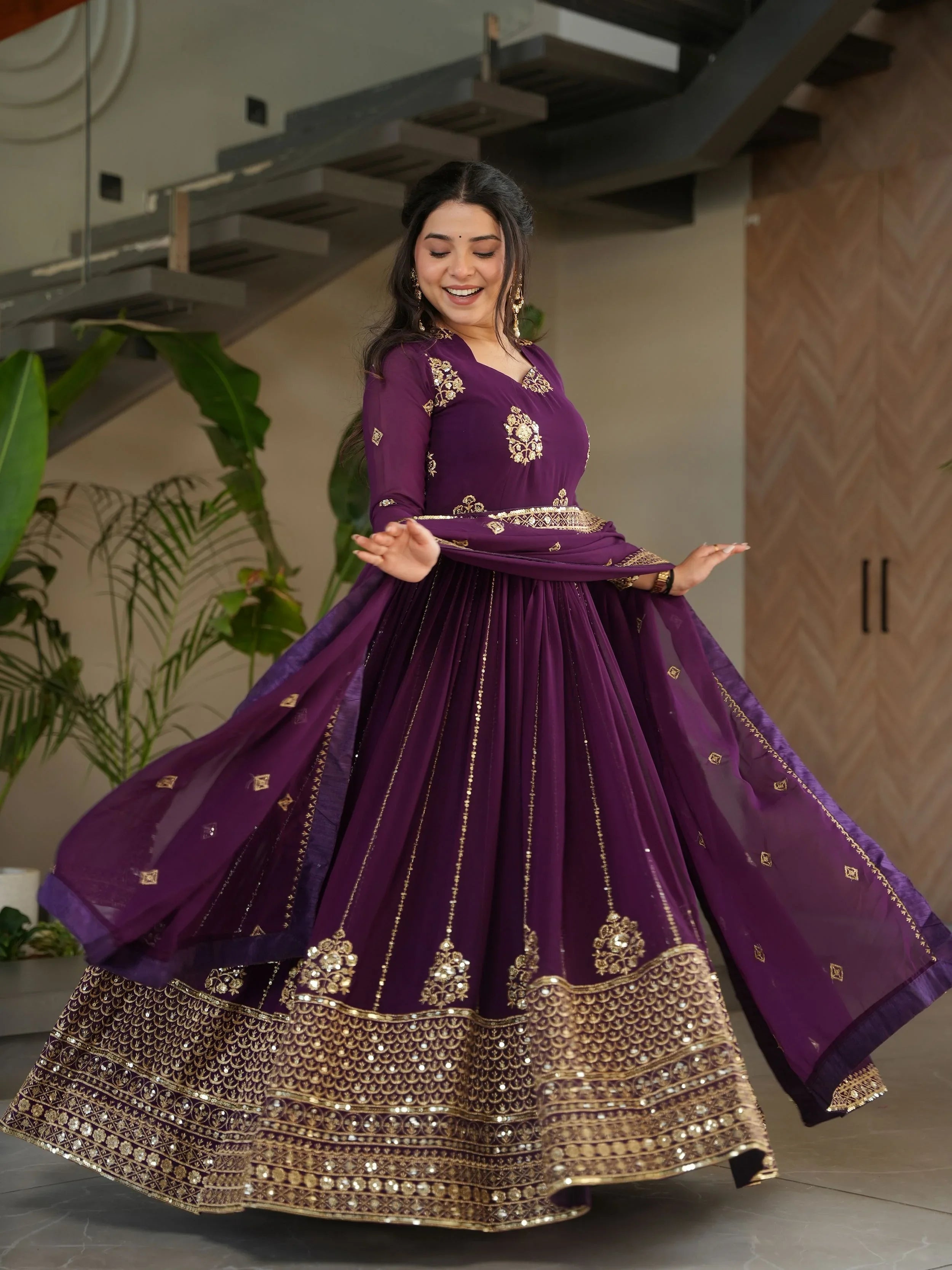 Royal purple georgette gown with zari and sequins embroidery and dupatta
