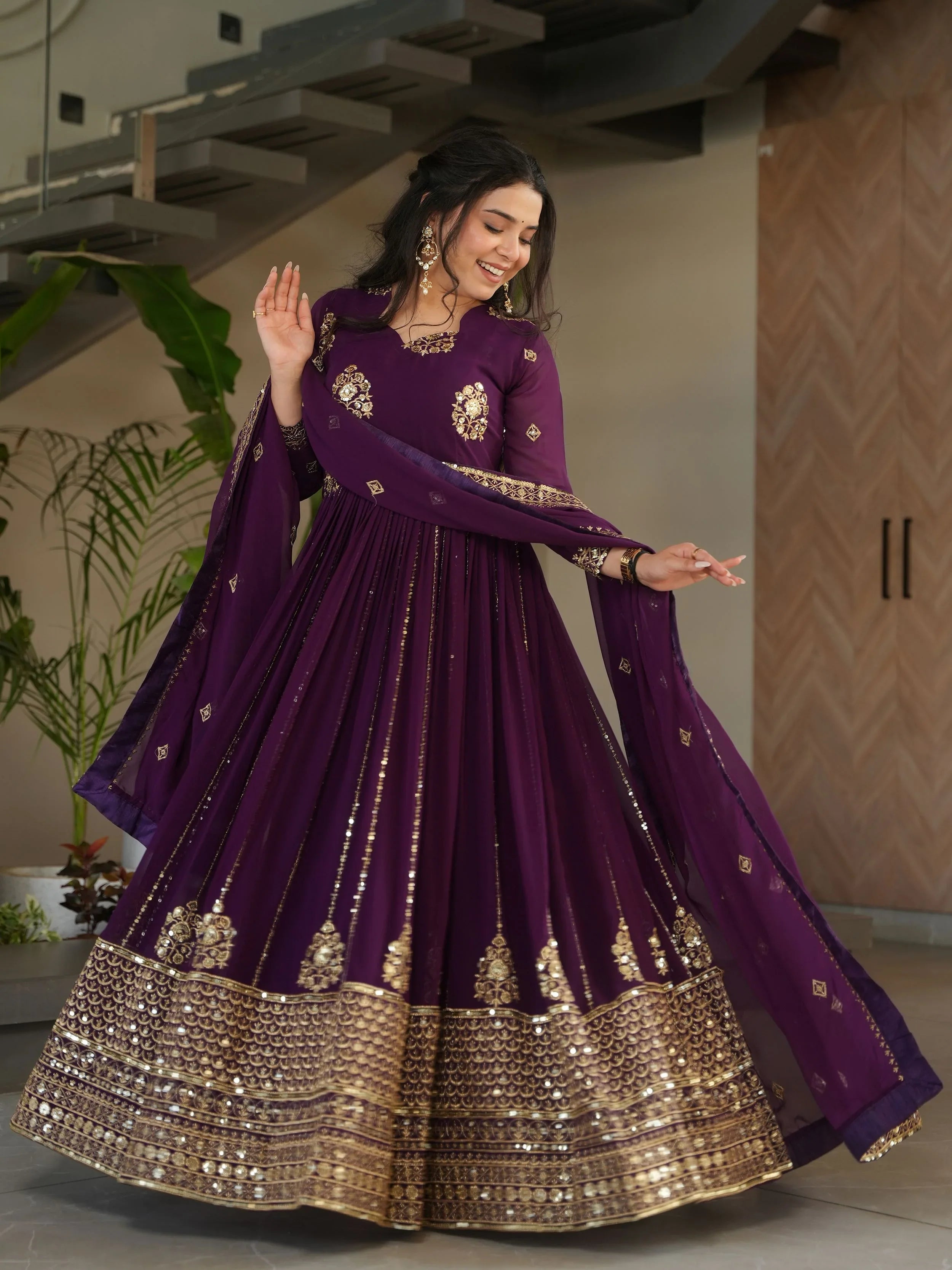 Royal purple georgette gown with zari and sequins embroidery and dupatta