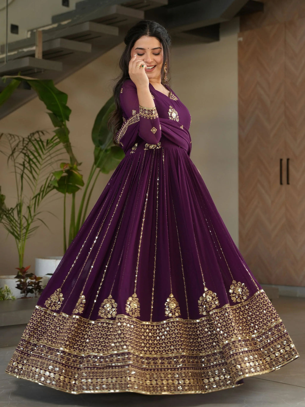 Royal purple georgette gown with zari and sequins embroidery and dupatta