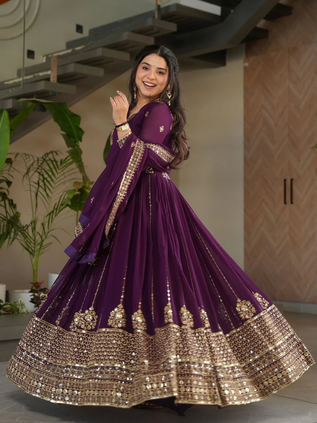 Royal purple georgette gown with zari and sequins embroidery and dupatta