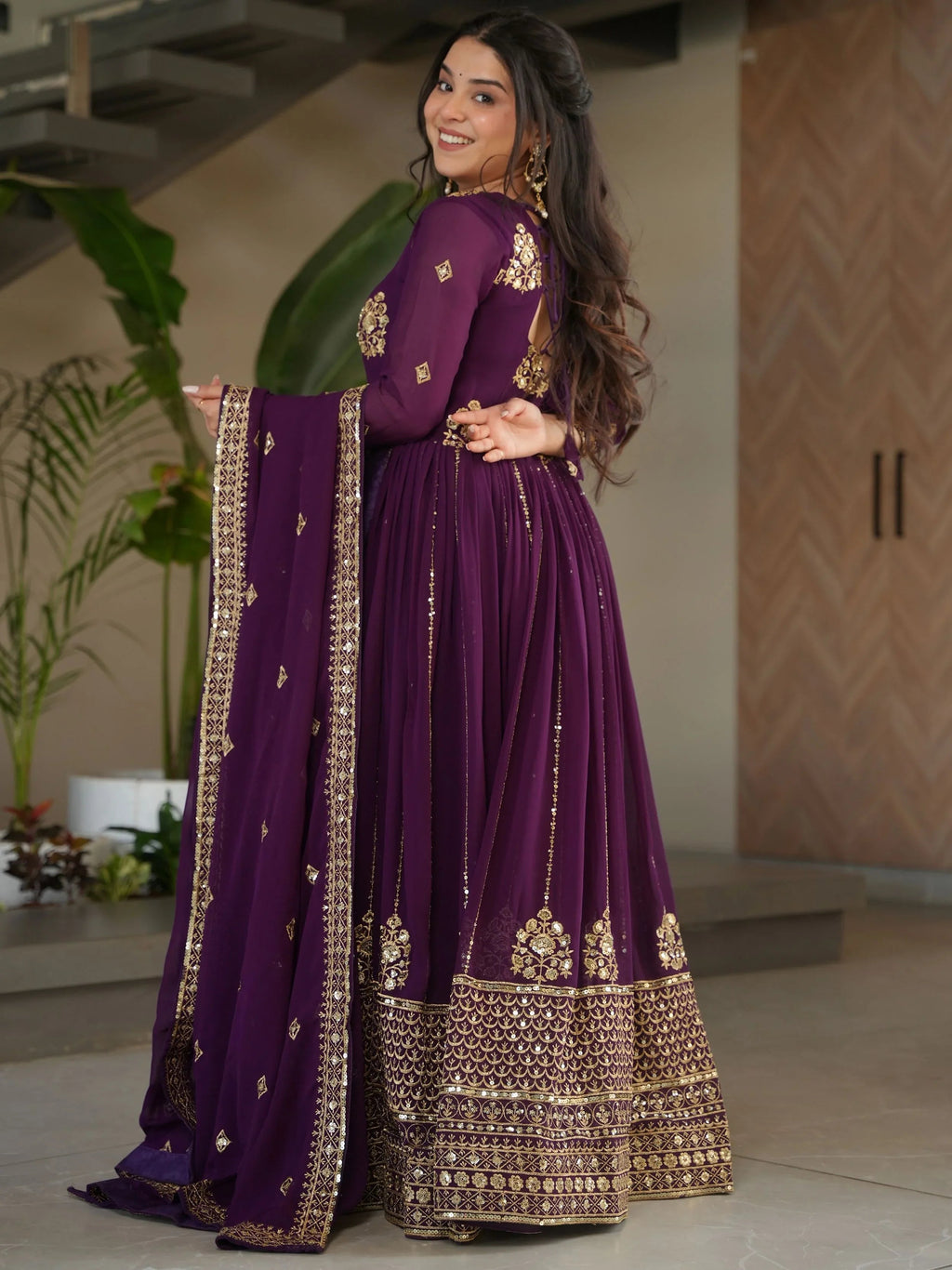 Royal purple georgette gown with zari and sequins embroidery and dupatta