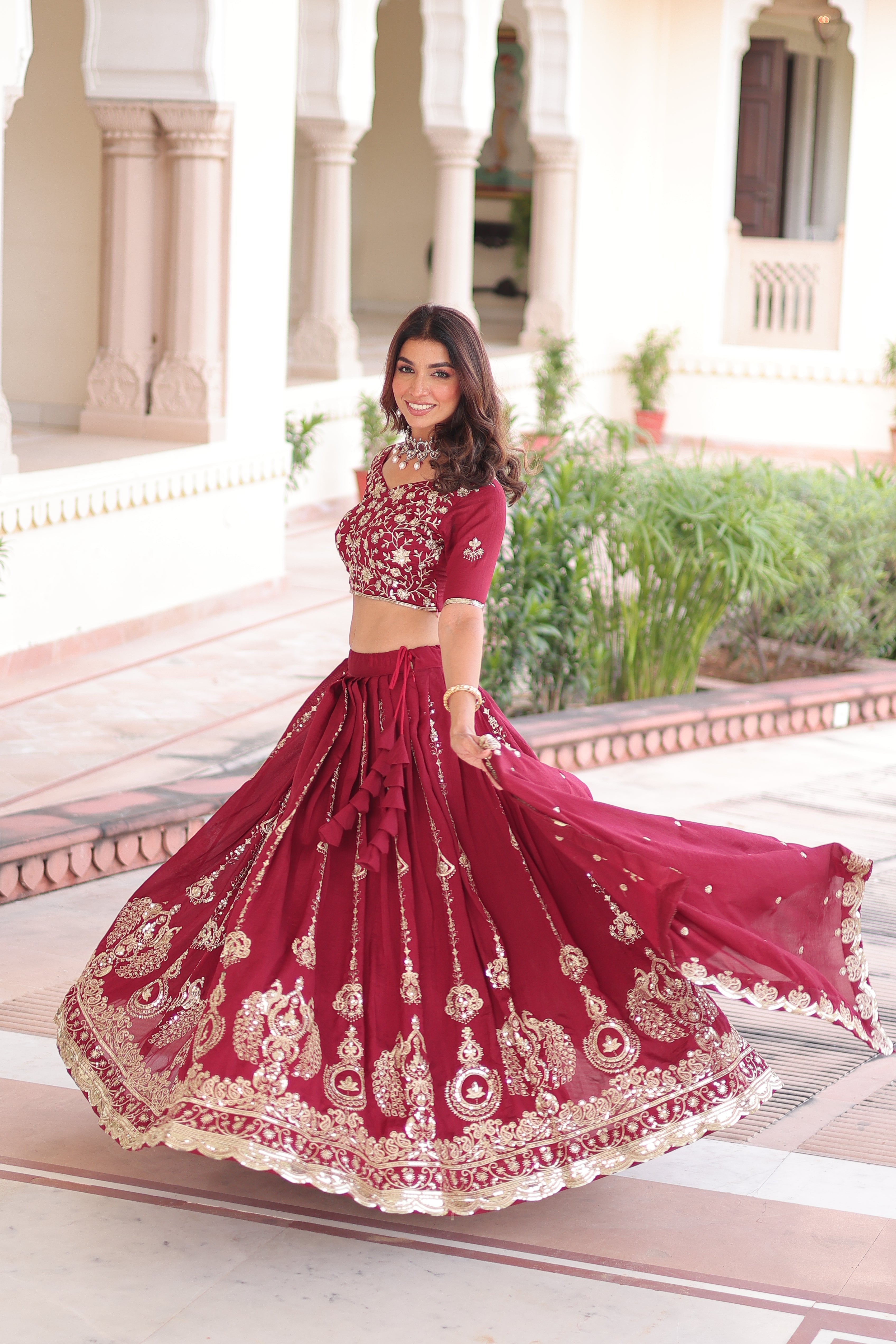 Rumi maroon Vichitra silk lehenga choli with heavy sequins thread embroidery