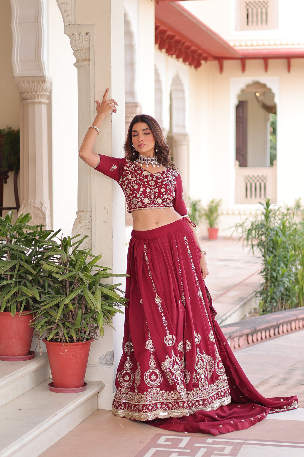 Rumi maroon Vichitra silk lehenga choli with heavy sequins thread embroidery