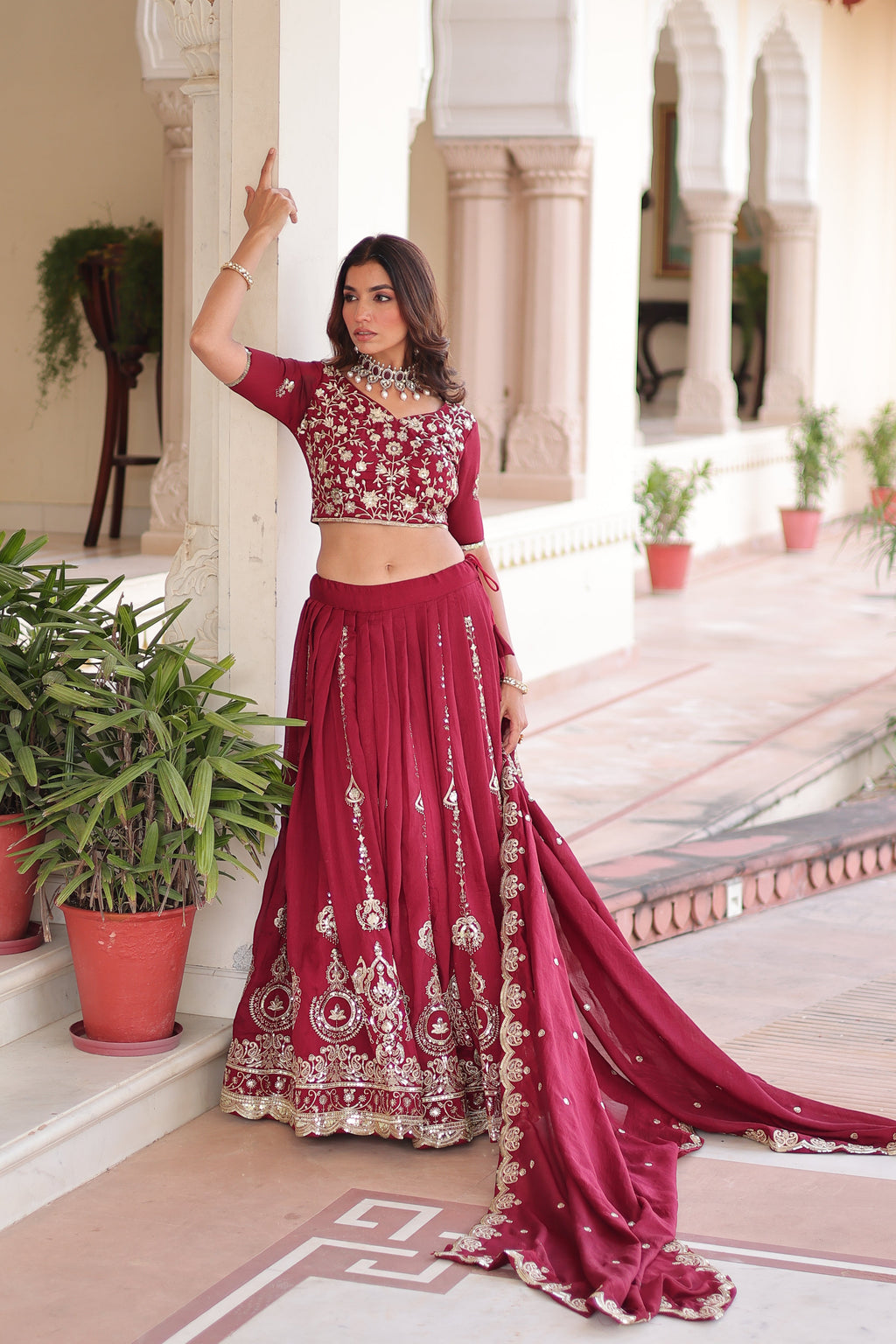 Rumi maroon Vichitra silk lehenga choli with heavy sequins thread embroidery