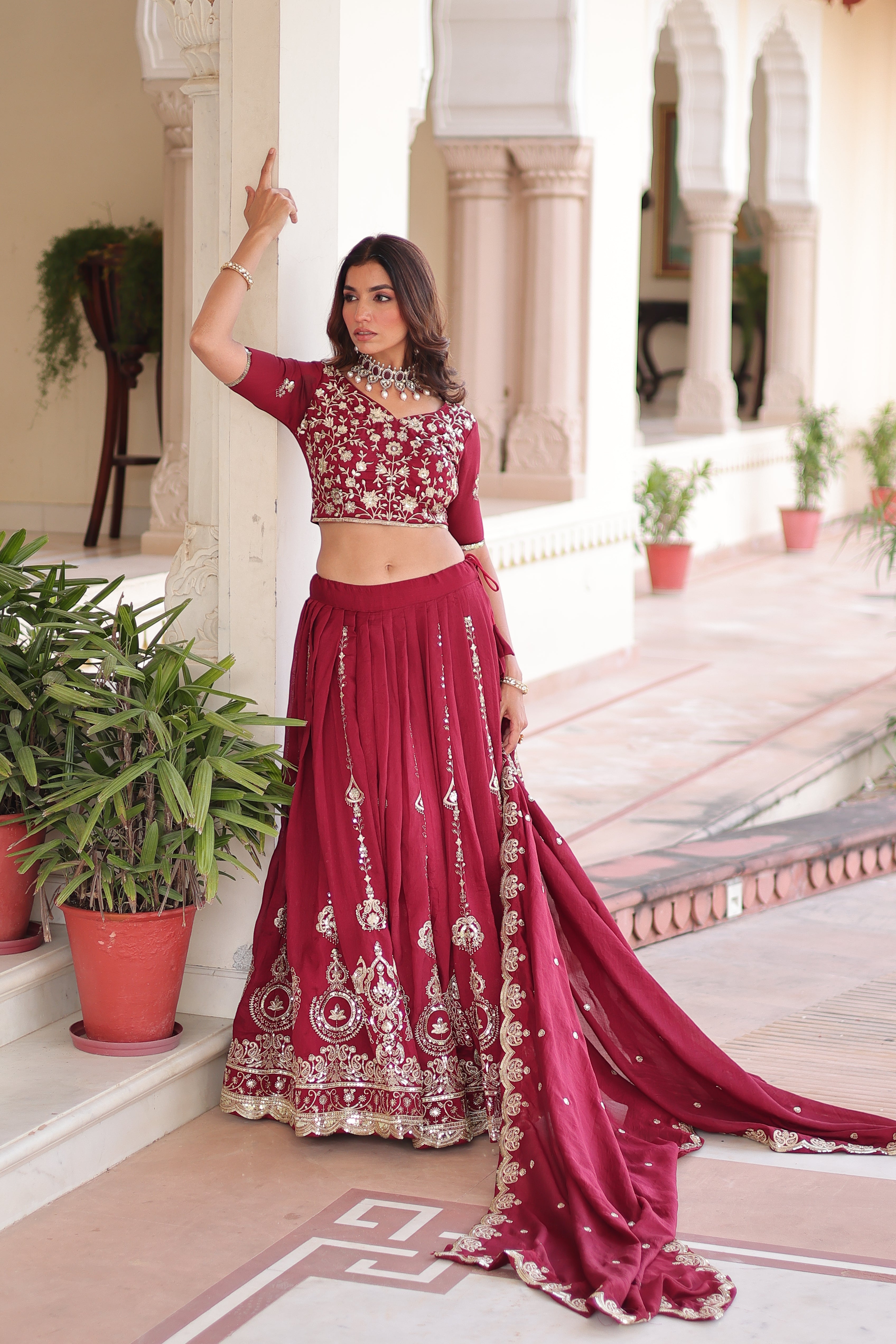 Rumi maroon Vichitra silk lehenga choli with heavy sequins thread embroidery