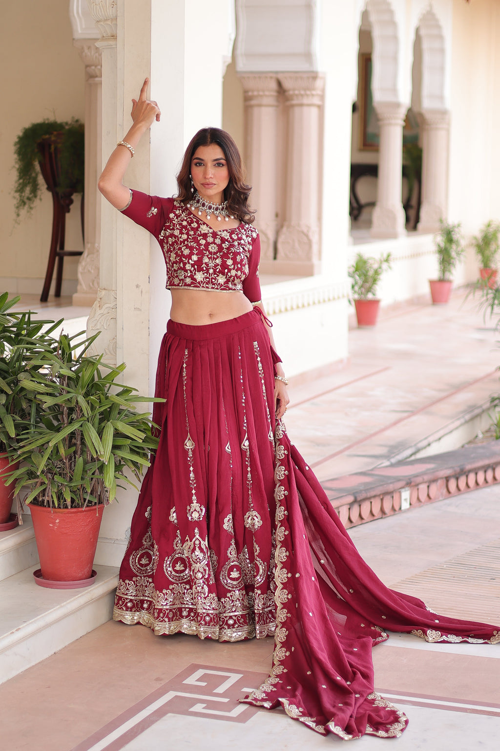 Rumi maroon Vichitra silk lehenga choli with heavy sequins thread embroidery