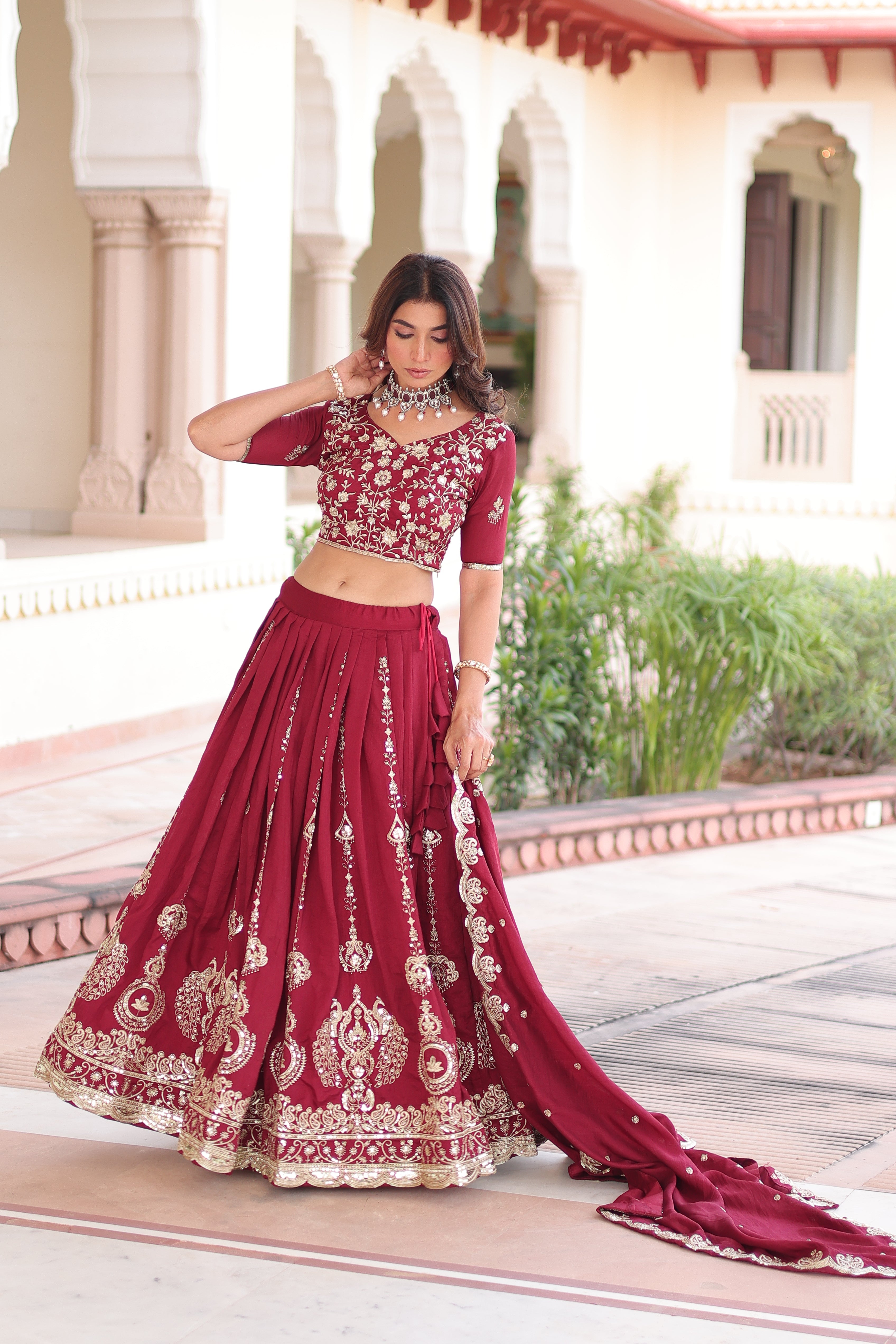 Rumi maroon Vichitra silk lehenga choli with heavy sequins thread embroidery