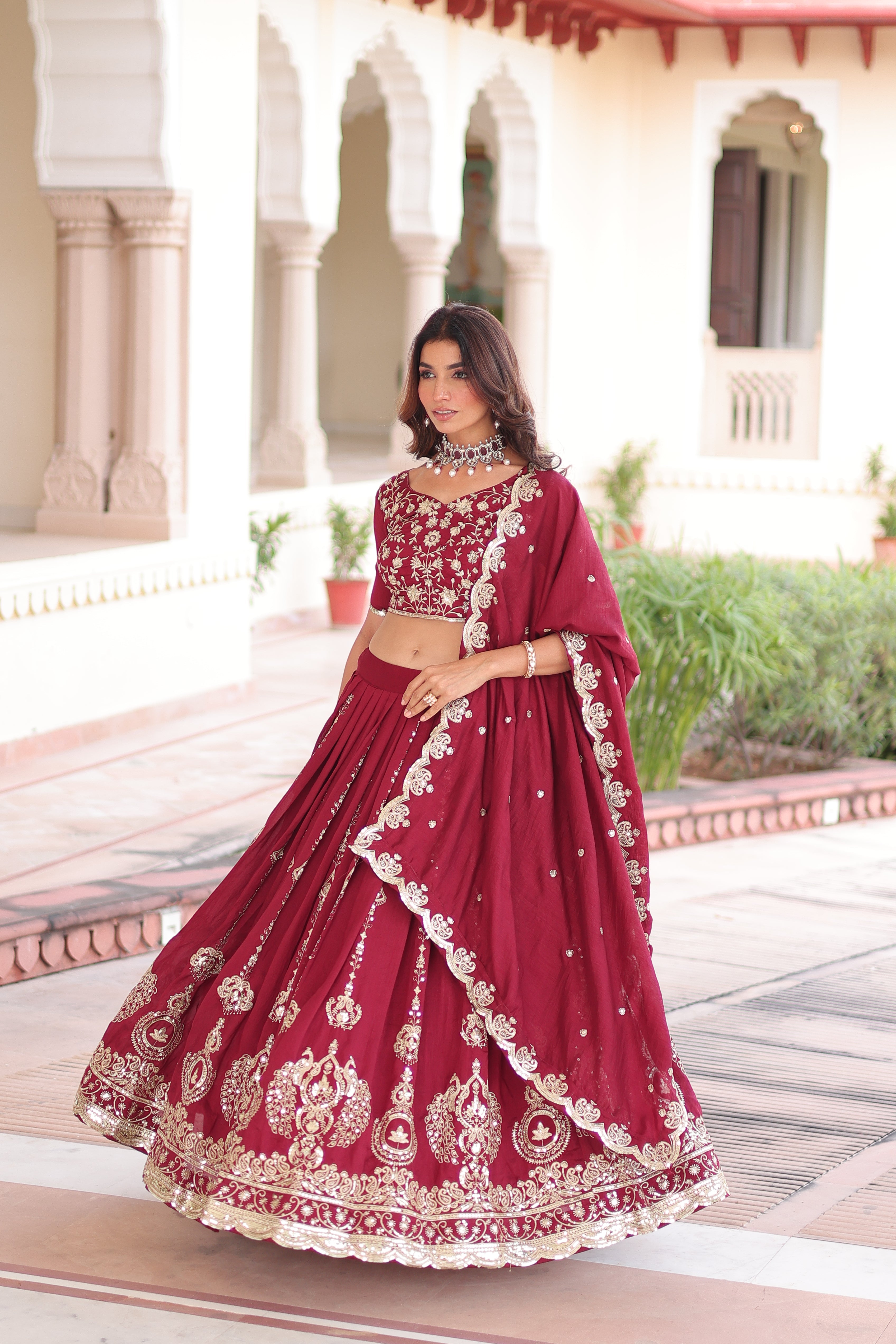 Rumi maroon Vichitra silk lehenga choli with heavy sequins thread embroidery
