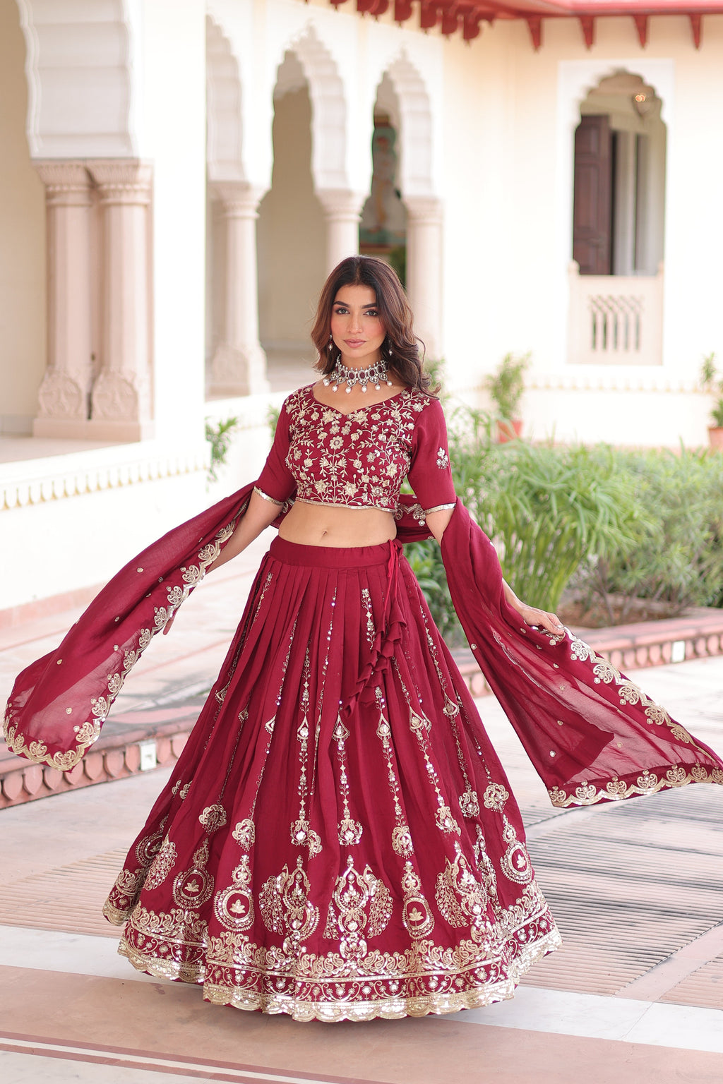 Rumi maroon Vichitra silk lehenga choli with heavy sequins thread embroidery