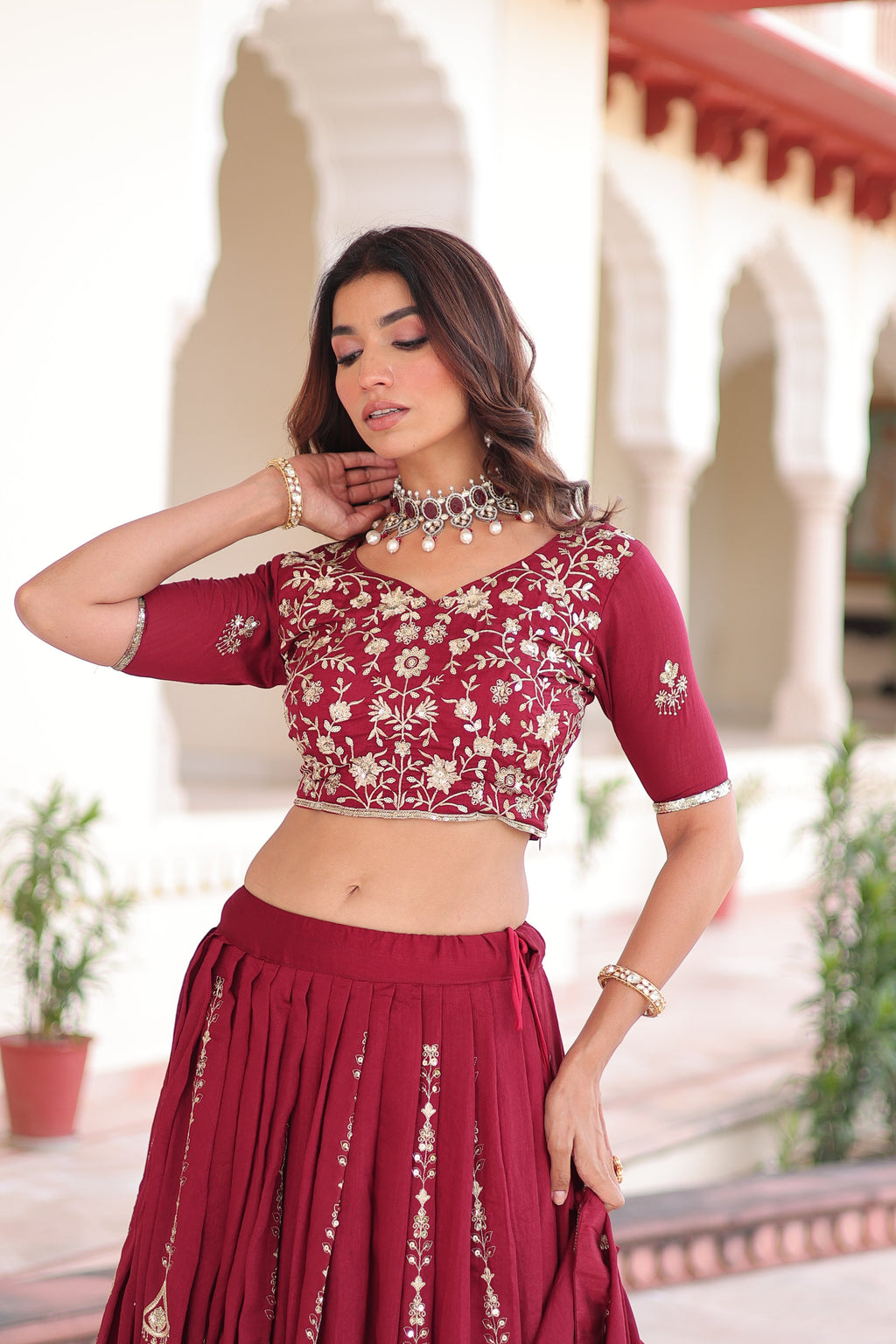 Rumi maroon Vichitra silk lehenga choli with heavy sequins thread embroidery