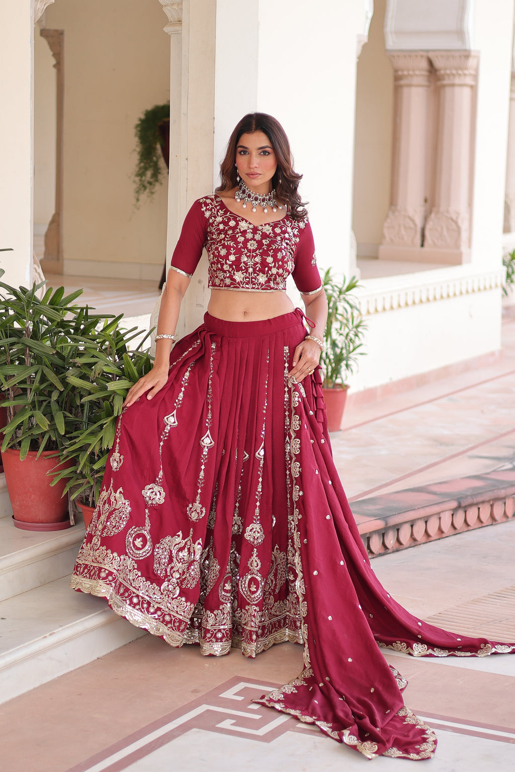 Rumi maroon Vichitra silk lehenga choli with heavy sequins thread embroidery