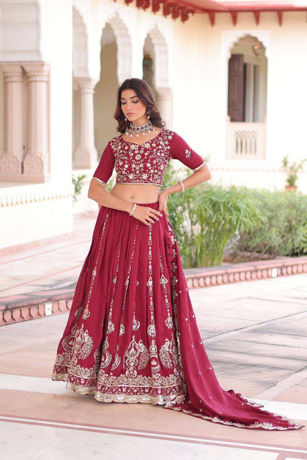 Rumi maroon Vichitra silk lehenga choli with heavy sequins thread embroidery
