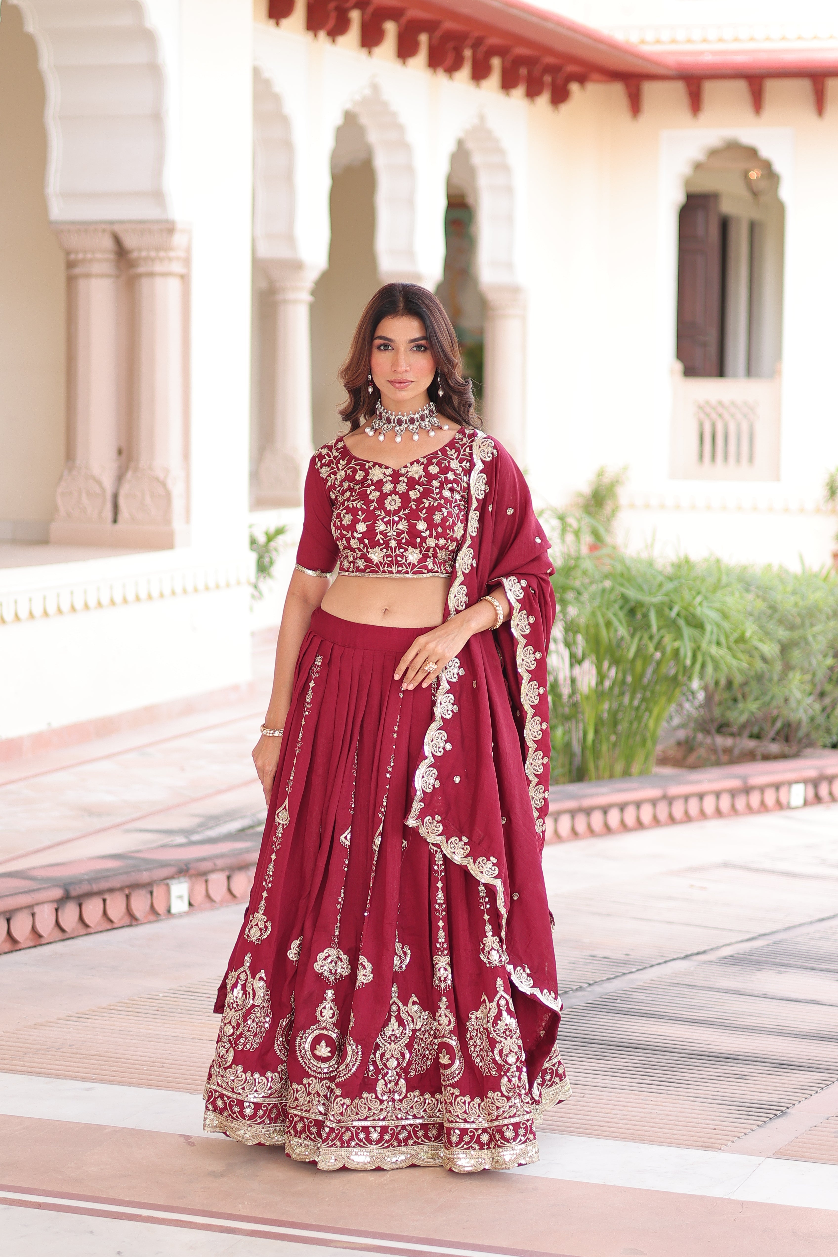 Rumi maroon Vichitra silk lehenga choli with heavy sequins thread embroidery