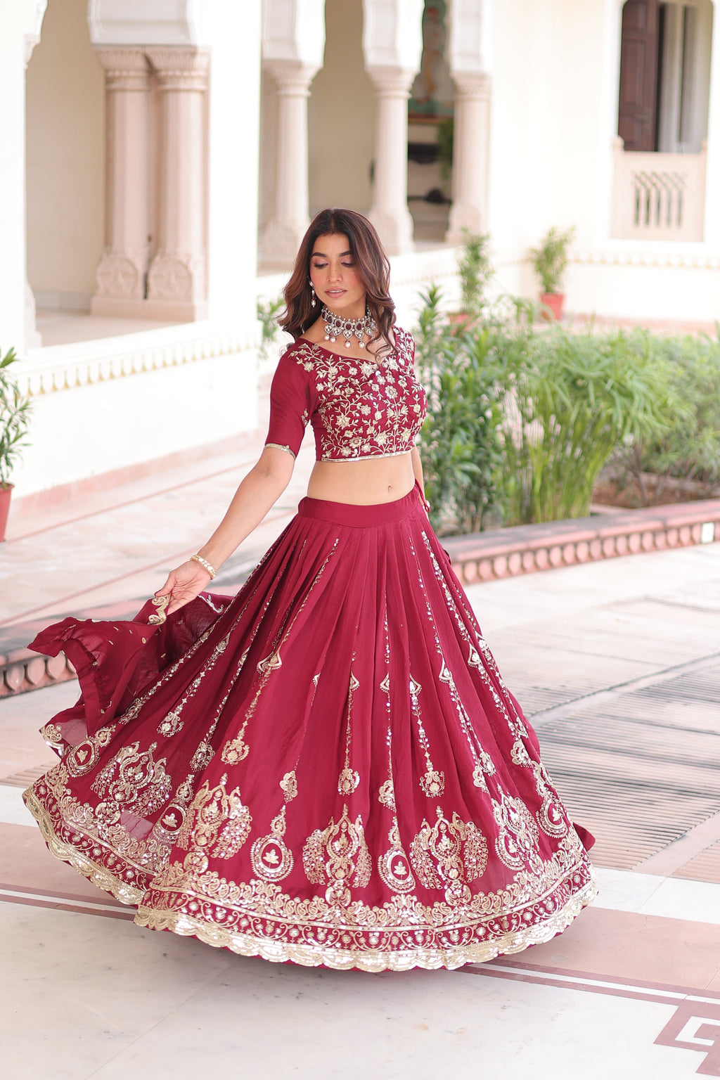 Rumi maroon Vichitra silk lehenga choli with heavy sequins thread embroidery
