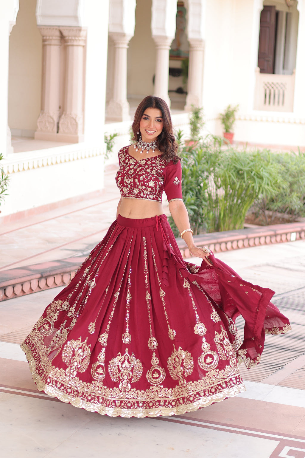 Rumi maroon Vichitra silk lehenga choli with heavy sequins thread embroidery