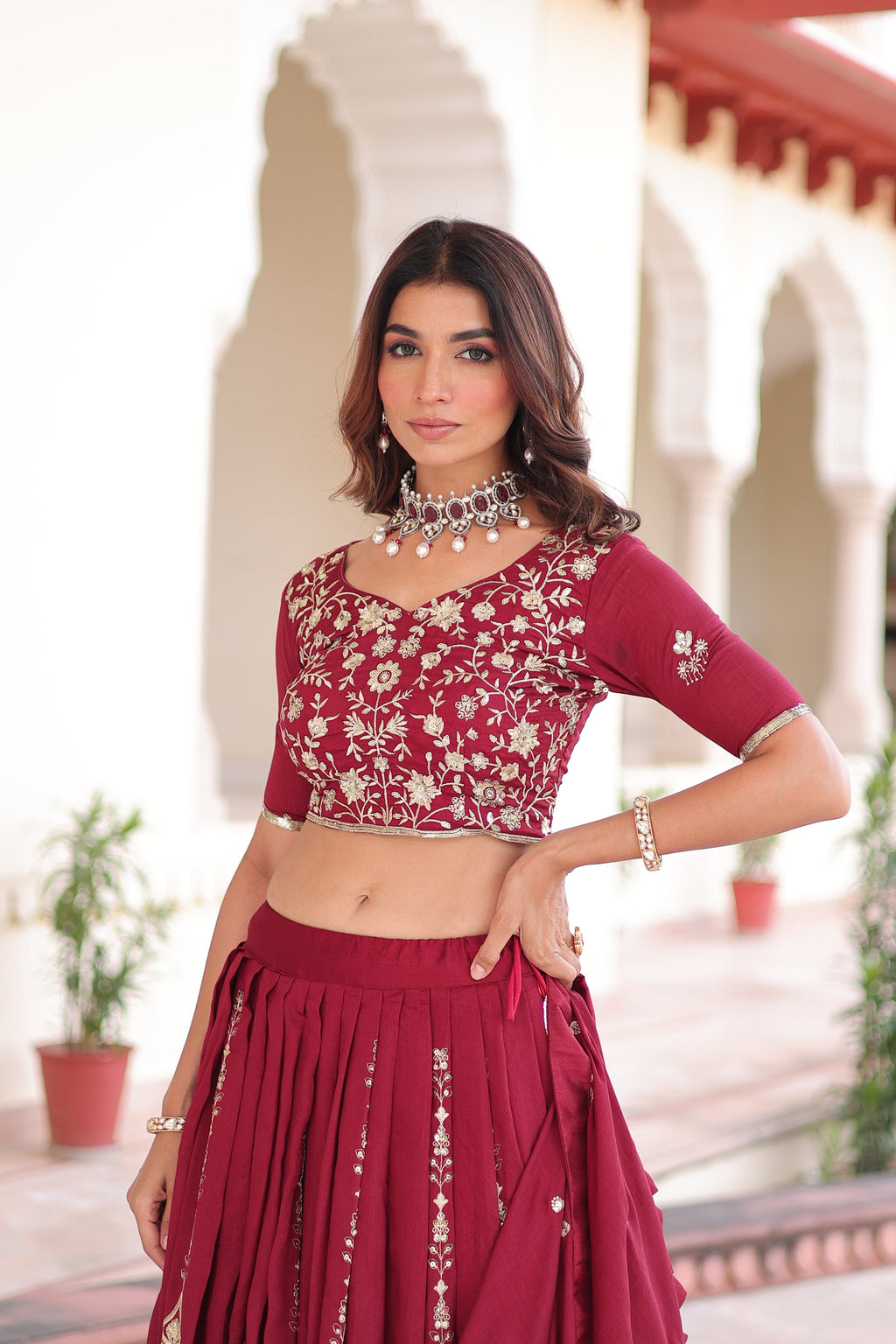 Rumi maroon Vichitra silk lehenga choli with heavy sequins thread embroidery