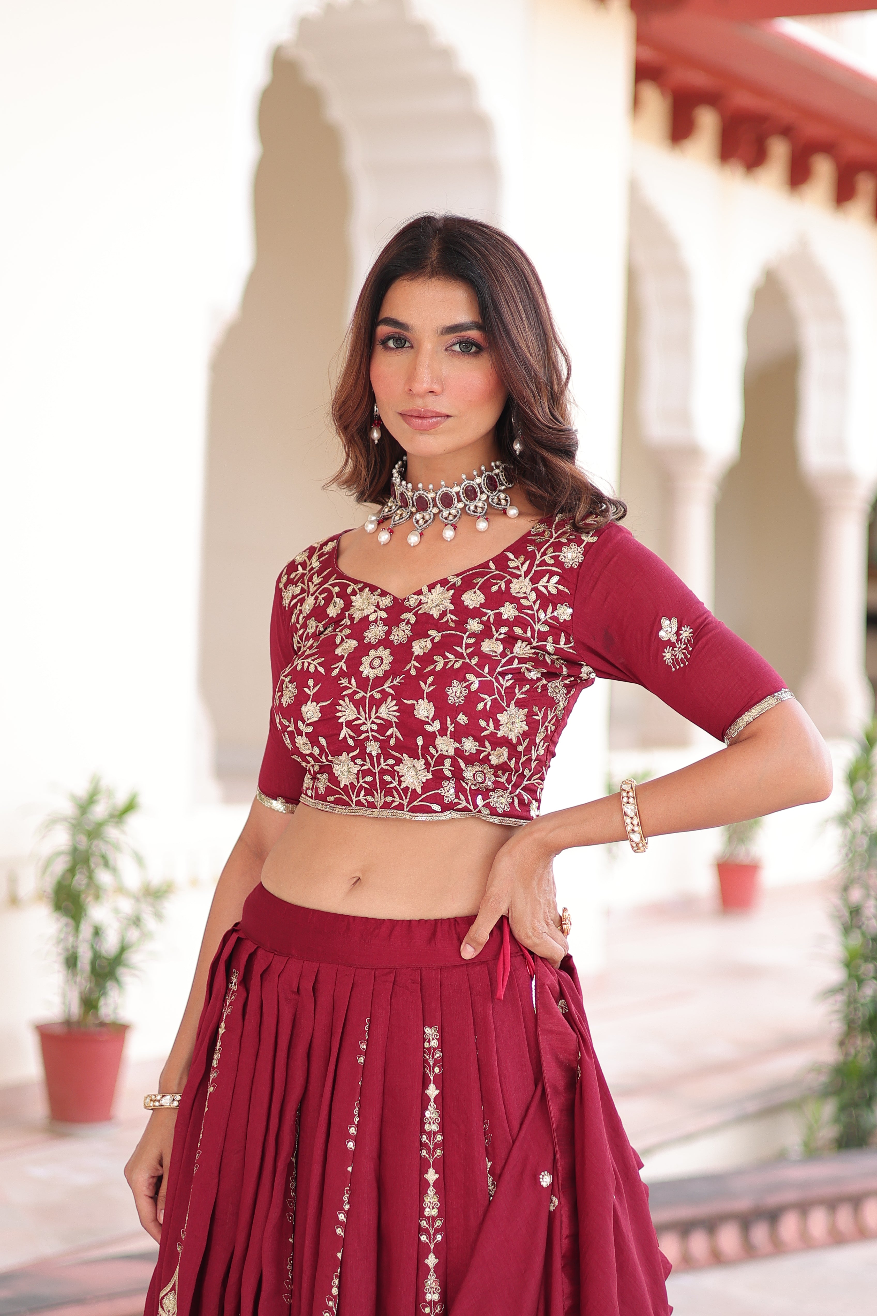 Rumi maroon Vichitra silk lehenga choli with heavy sequins thread embroidery