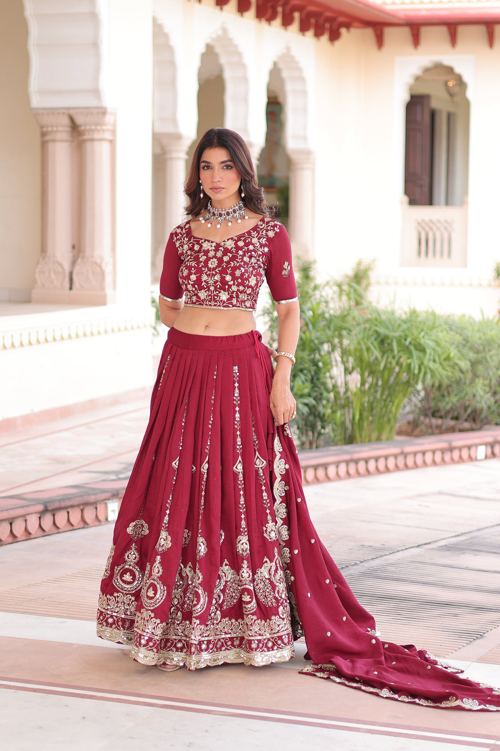 Rumi maroon Vichitra silk lehenga choli with heavy sequins thread embroidery