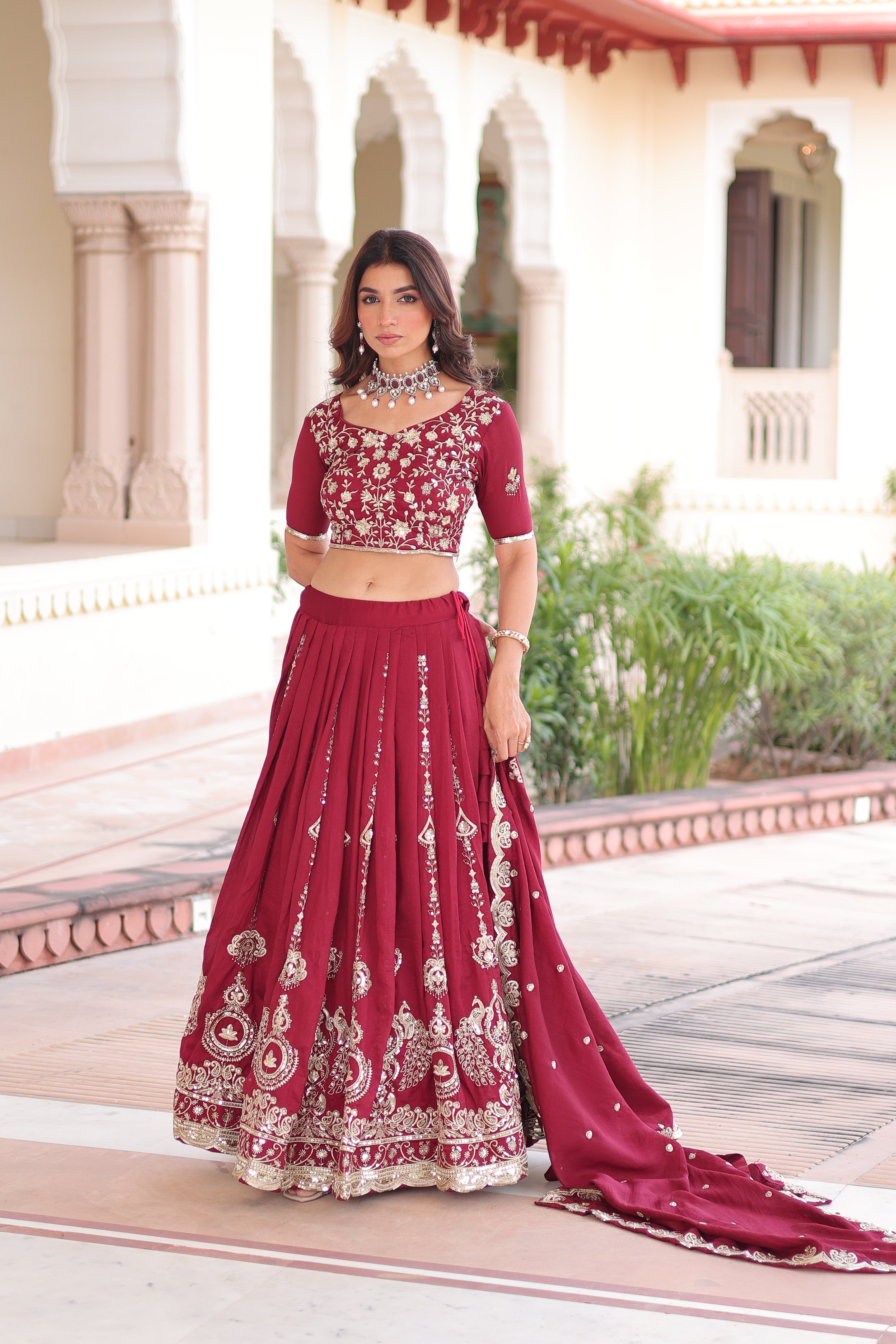 Rumi maroon Vichitra silk lehenga choli with heavy sequins thread embroidery