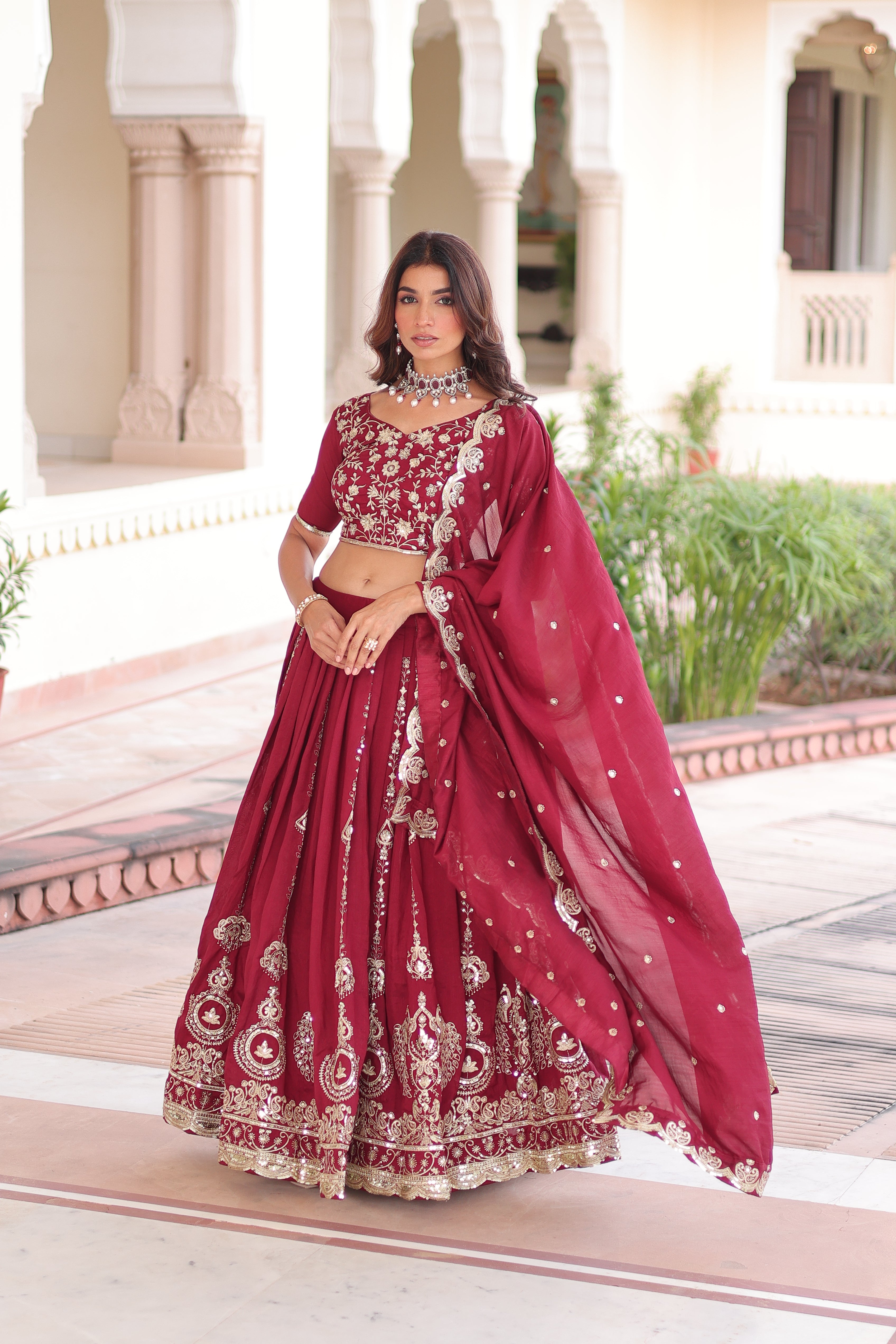 Rumi maroon Vichitra silk lehenga choli with heavy sequins thread embroidery