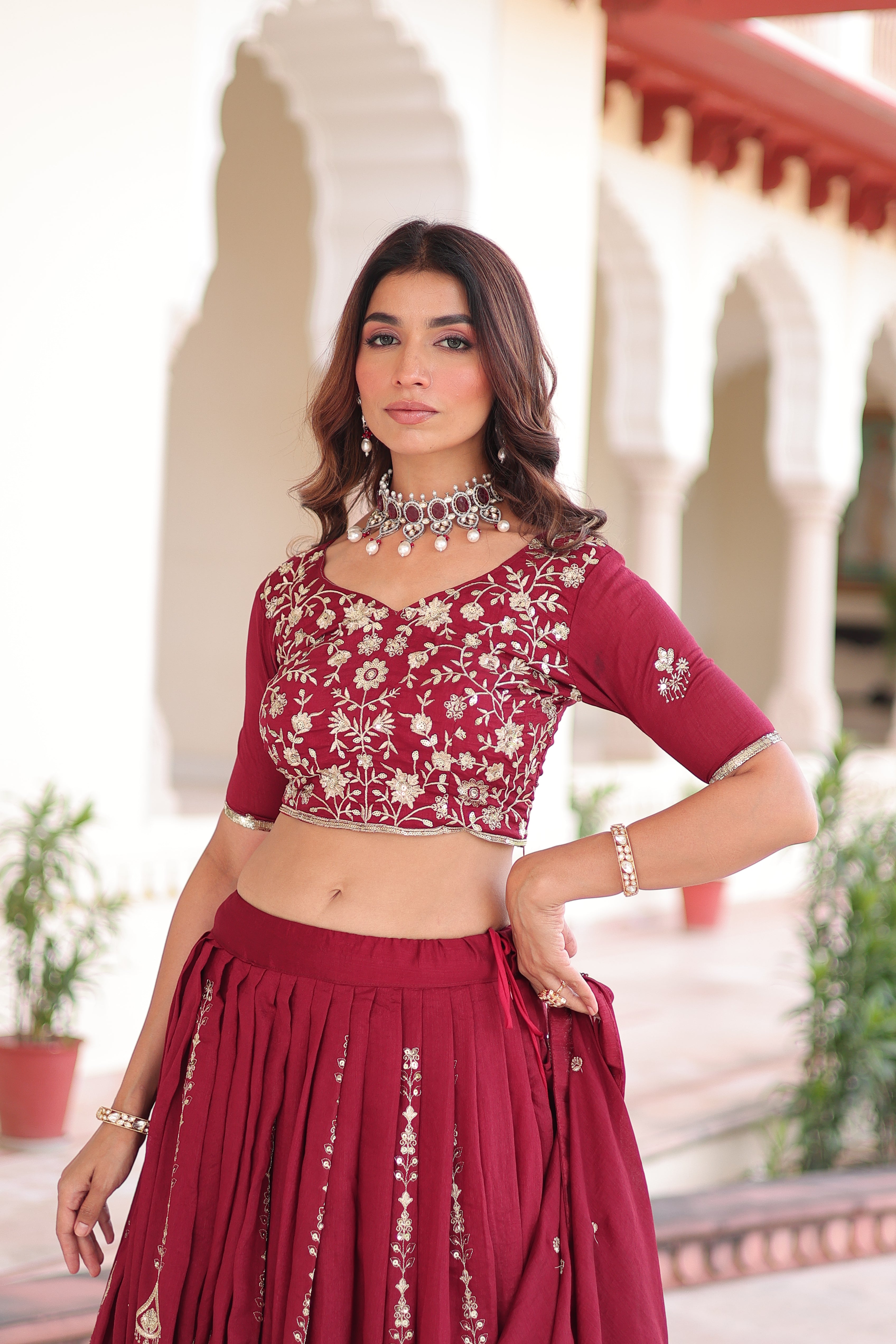 Rumi maroon Vichitra silk lehenga choli with heavy sequins thread embroidery