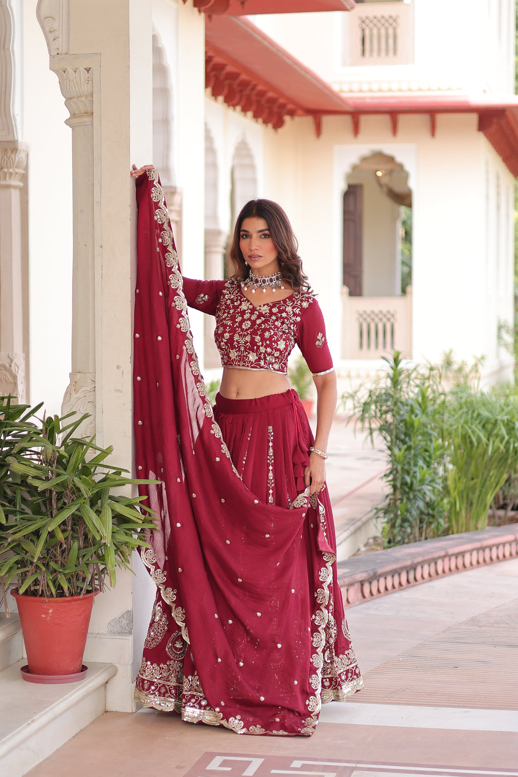 Rumi maroon Vichitra silk lehenga choli with heavy sequins thread embroidery