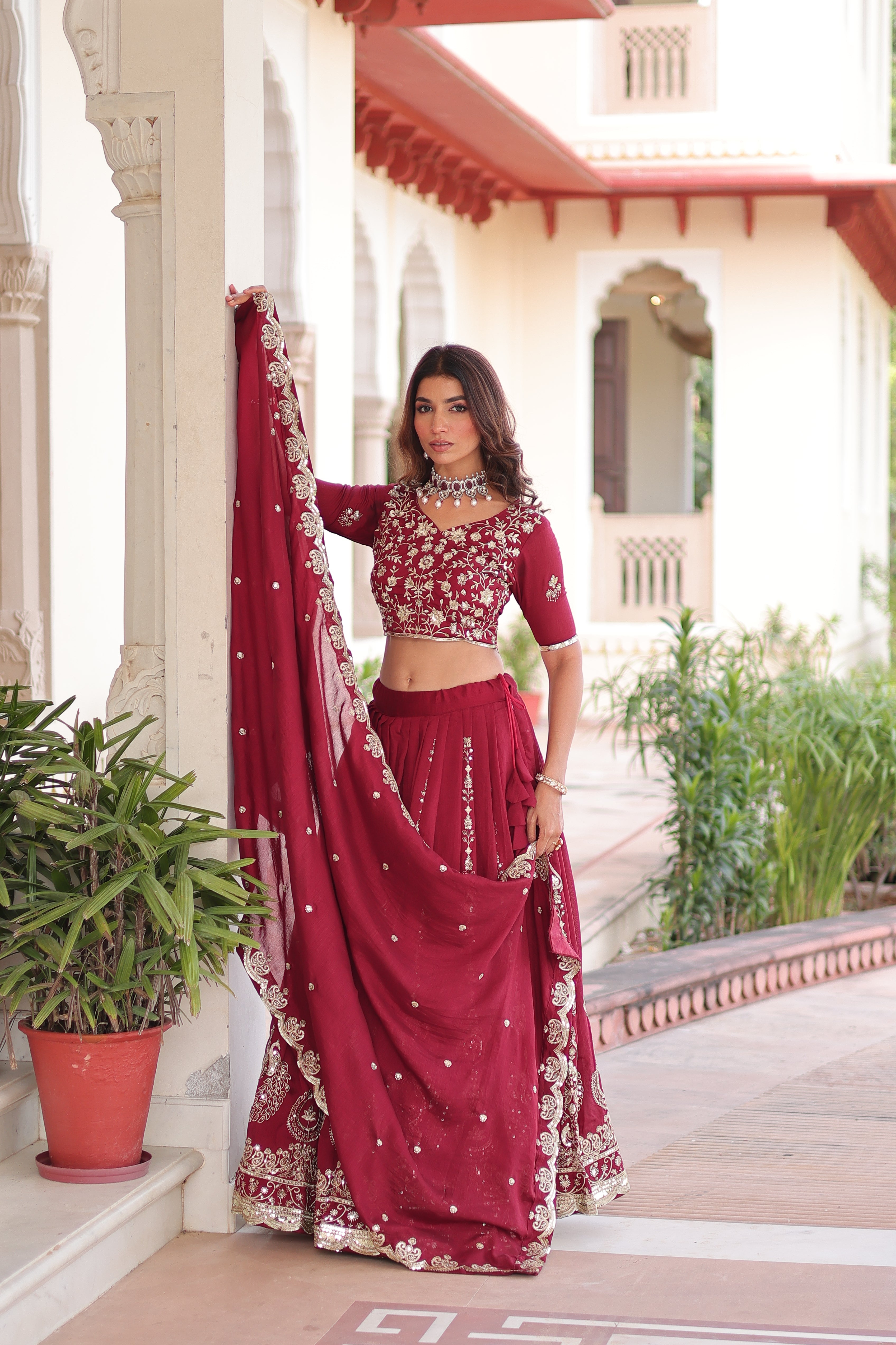 Rumi maroon Vichitra silk lehenga choli with heavy sequins thread embroidery